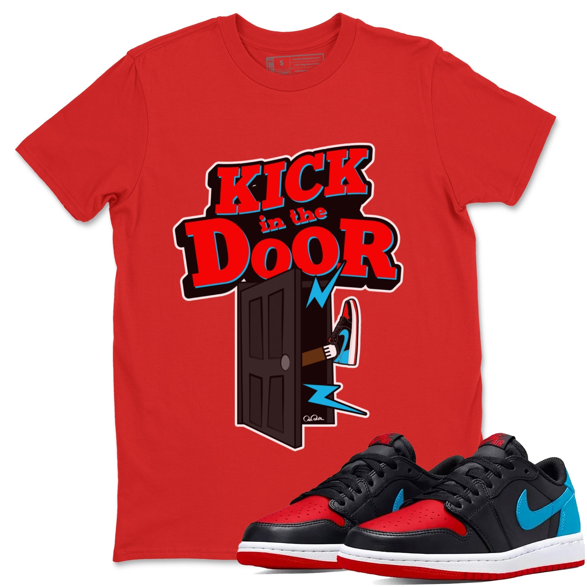 Air Jordan 1 UNC to Chicago Sneaker Match Tees Kick In The Door Streetwear Sneaker Shirt AJ1 UNC to Chicago Sneaker Release Tees Unisex Shirts Red 1