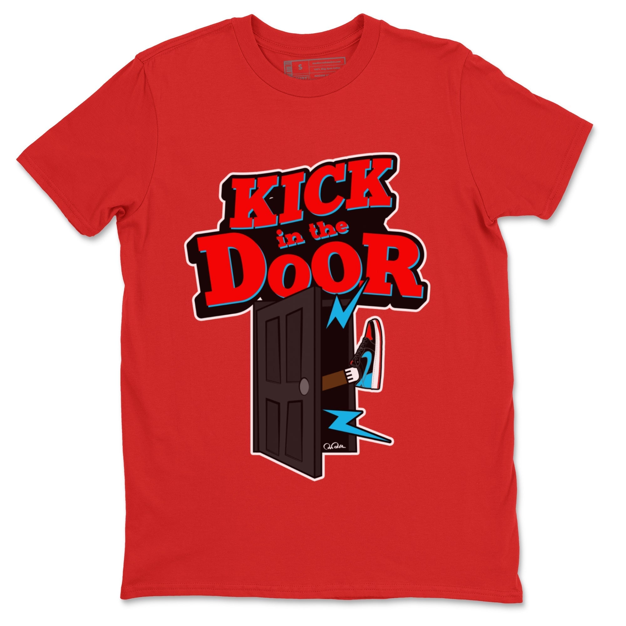 Air Jordan 1 UNC to Chicago Sneaker Match Tees Kick In The Door Streetwear Sneaker Shirt AJ1 UNC to Chicago Sneaker Release Tees Unisex Shirts Red 2