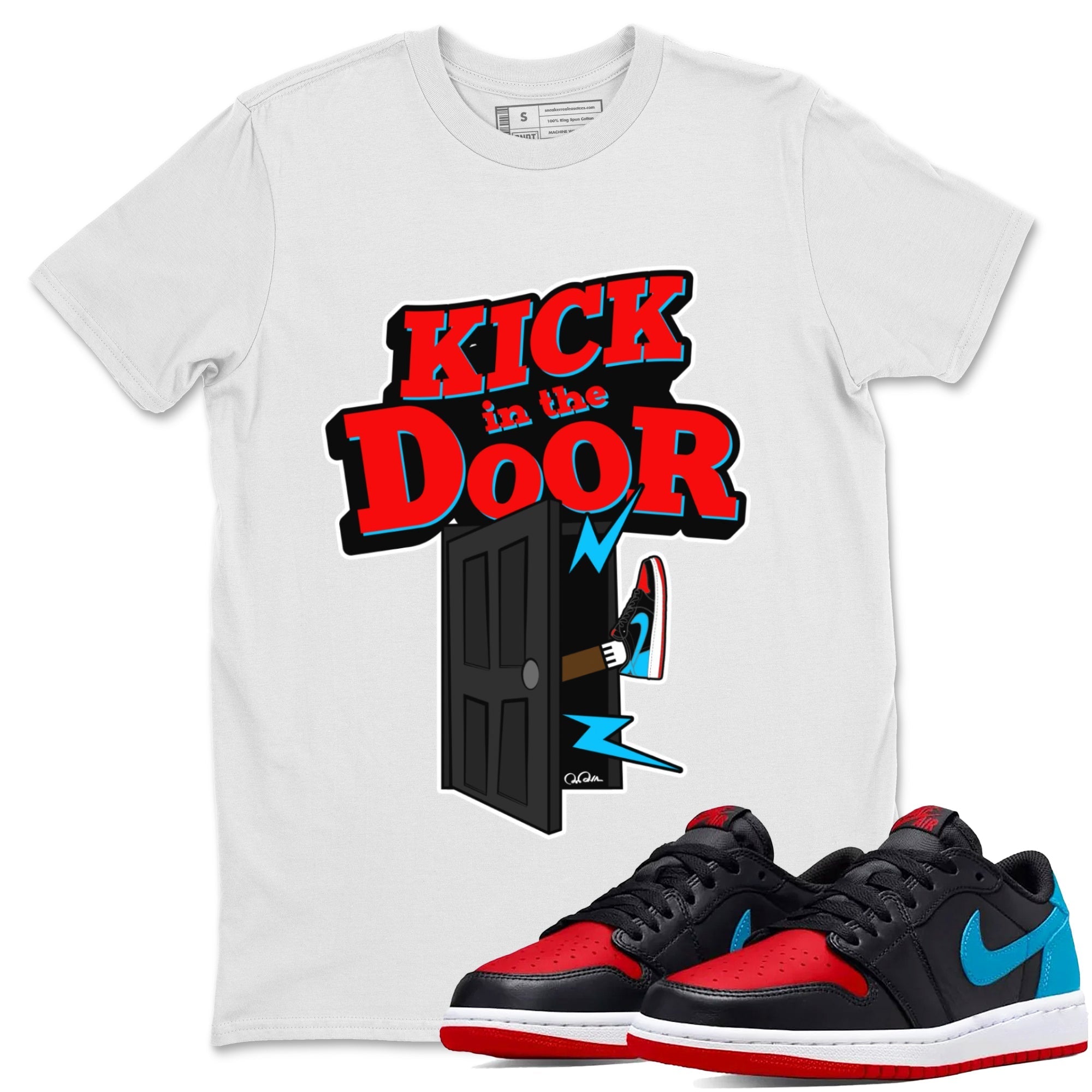 Air Jordan 1 UNC to Chicago Sneaker Match Tees Kick In The Door Streetwear Sneaker Shirt AJ1 UNC to Chicago Sneaker Release Tees Unisex Shirts White 1