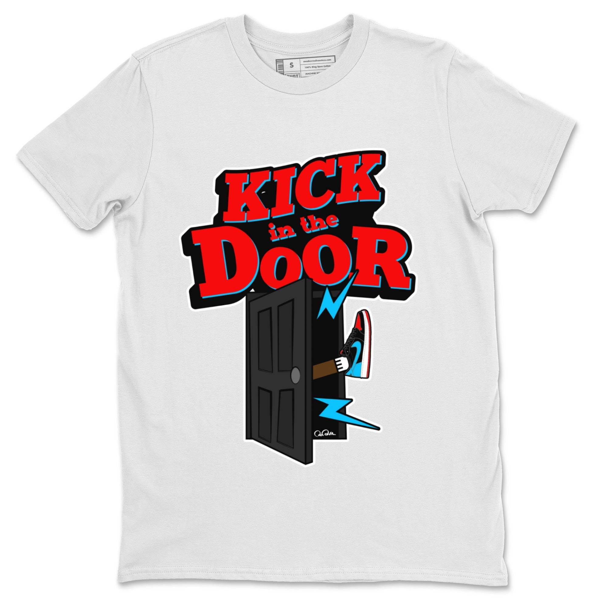 Air Jordan 1 UNC to Chicago Sneaker Match Tees Kick In The Door Streetwear Sneaker Shirt AJ1 UNC to Chicago Sneaker Release Tees Unisex Shirts White 2