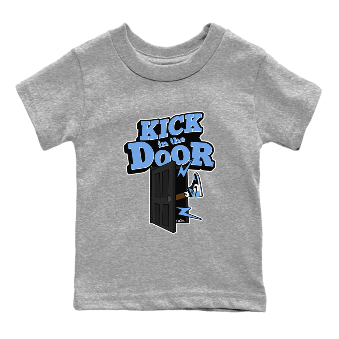 Air Jordan 1 Retro High OG UNC Toe Shirt to match Jordans Kick In The Door Streetwear Sneaker Shirt AJ1 UNC Toe Drip Gear Zone Sneaker Matching Clothing Kids and Baby Tees Heather Grey 2