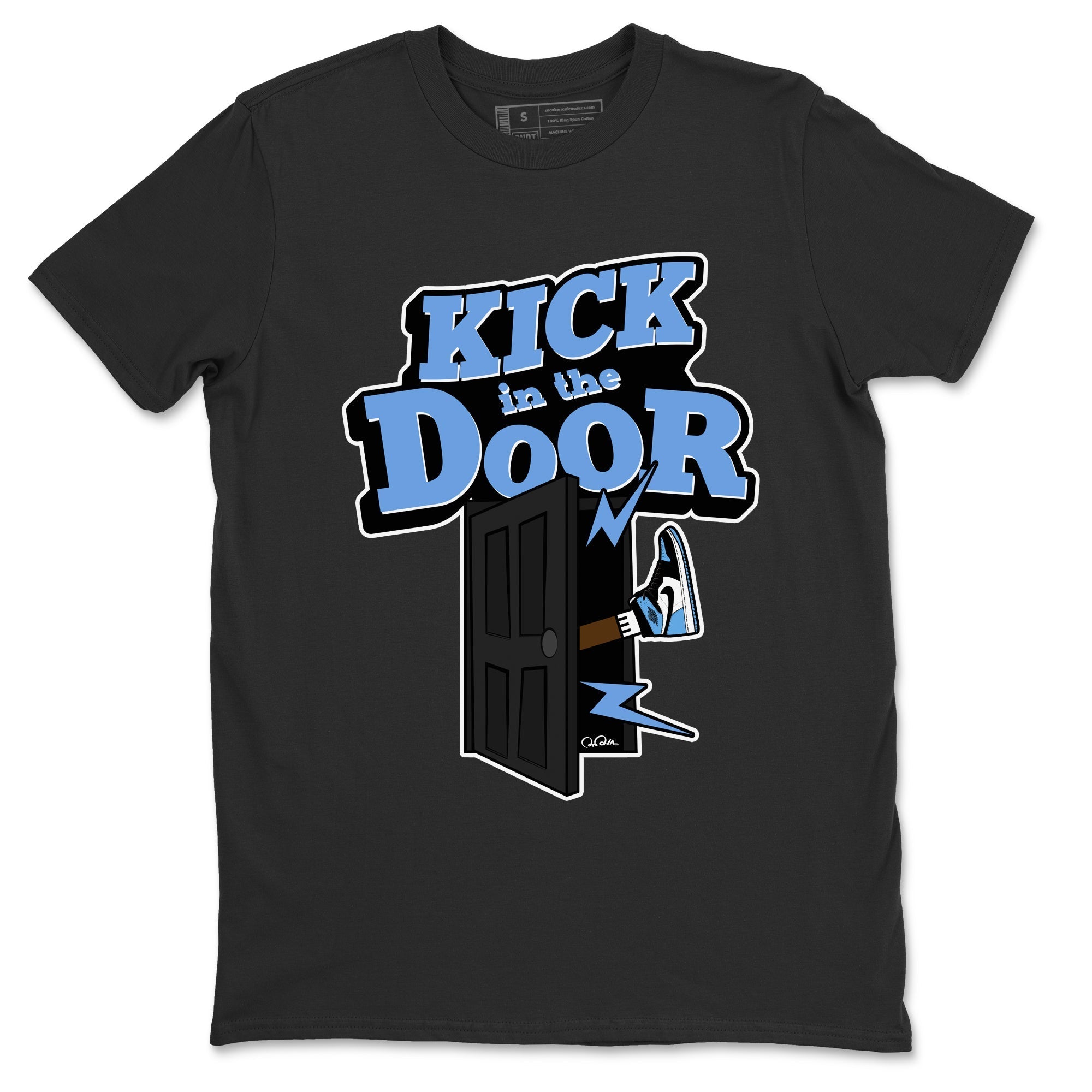 Air Jordan 1 Retro High OG UNC Toe Shirt to match Jordans Kick In The Door Streetwear Sneaker Shirt AJ1 UNC Toe Drip Gear Zone Sneaker Matching Clothing Crew Neck T-Shirts Black 2