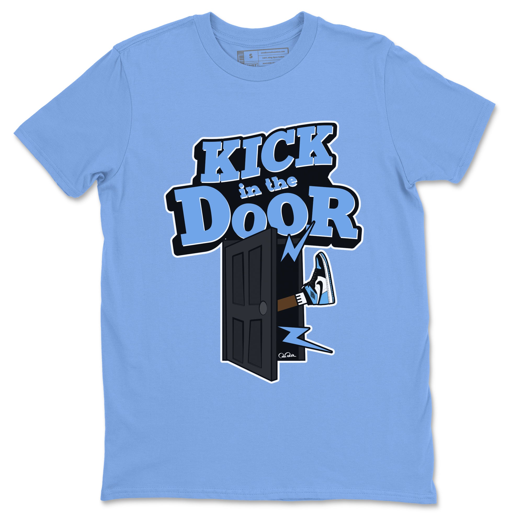 Air Jordan 1 Retro High OG UNC Toe Shirt to match Jordans Kick In The Door Streetwear Sneaker Shirt AJ1 UNC Toe Drip Gear Zone Sneaker Matching Clothing Crew Neck T-Shirts Carolina Blue 2