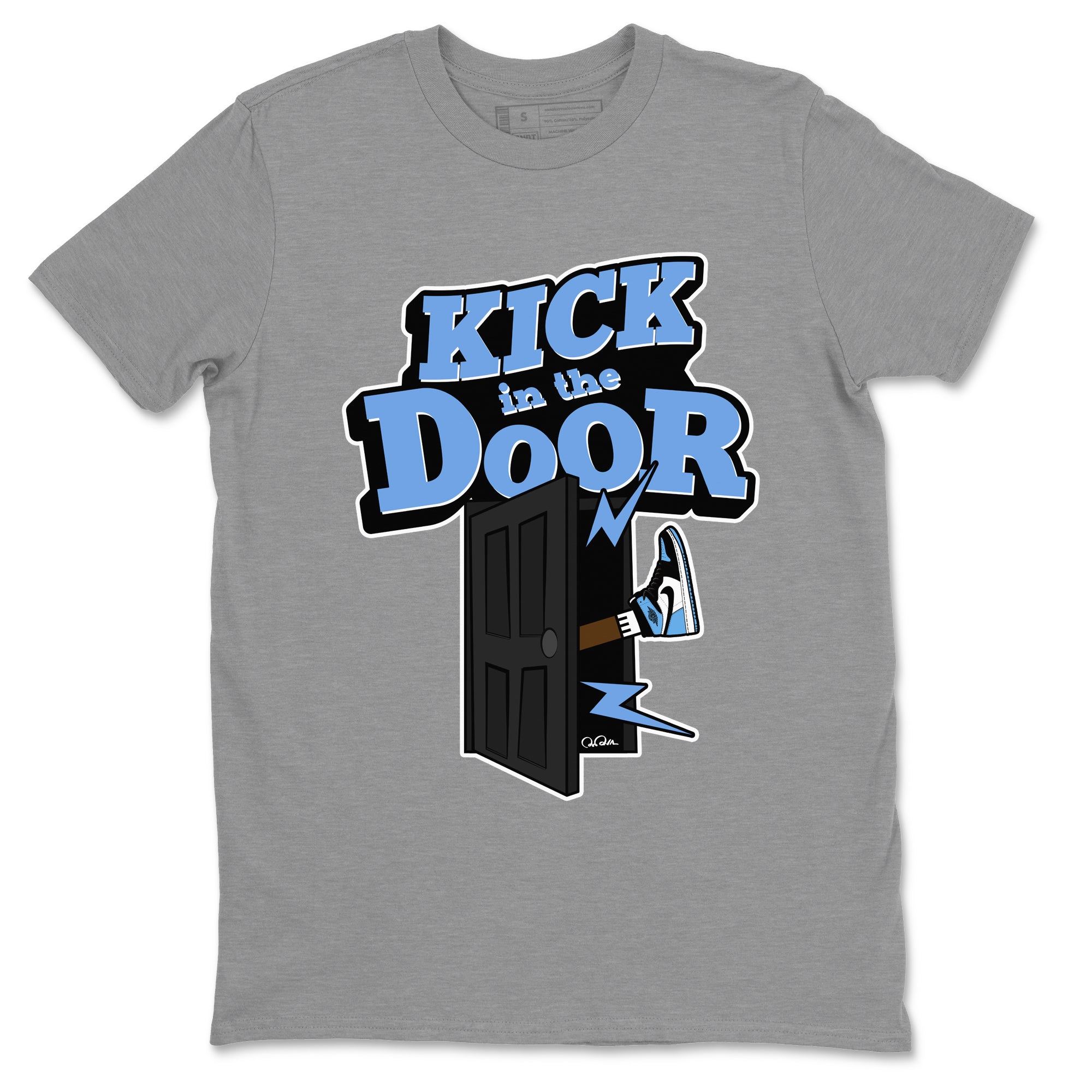 Air Jordan 1 Retro High OG UNC Toe Shirt to match Jordans Kick In The Door Streetwear Sneaker Shirt AJ1 UNC Toe Drip Gear Zone Sneaker Matching Clothing Crew Neck T-Shirts Heather Grey 2