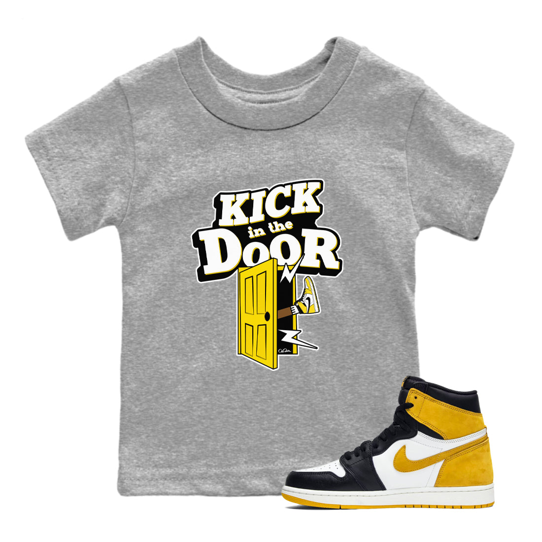 1s Yellow Ochre shirt to match jordans Kick In The Door sneaker tees streetwear brand Air Jordan 1 Yellow Ochre Drip Gear Zone Brand baby toddler Heather Grey 1 cotton Shirt