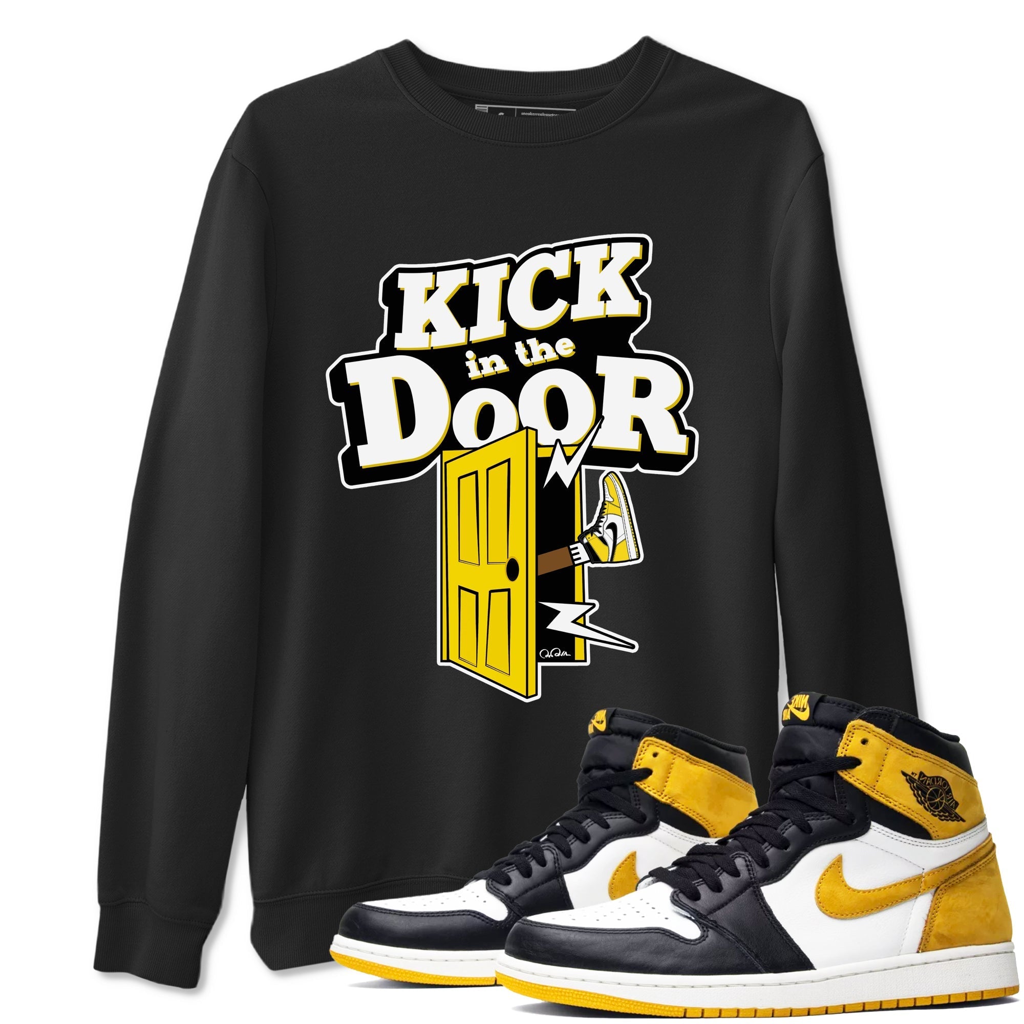 1s Yellow Ochre shirt to match jordans Kick In The Door sneaker tees streetwear brand Air Jordan 1 Yellow Ochre Drip Gear Zone Brand unisex cotton Black 1 crew neck shirt
