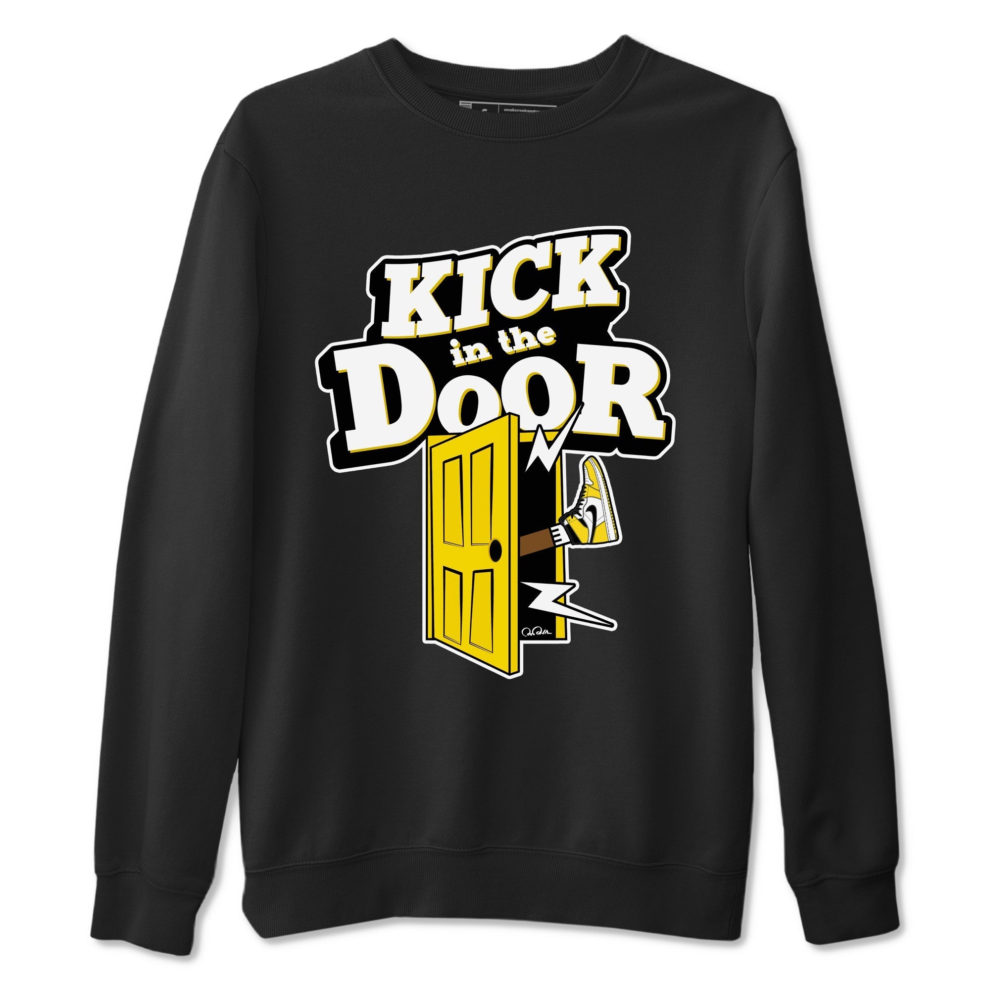 1s Yellow Ochre shirt to match jordans Kick In The Door sneaker tees streetwear brand Air Jordan 1 Yellow Ochre Drip Gear Zone Brand unisex cotton Black 2 crew neck shirt