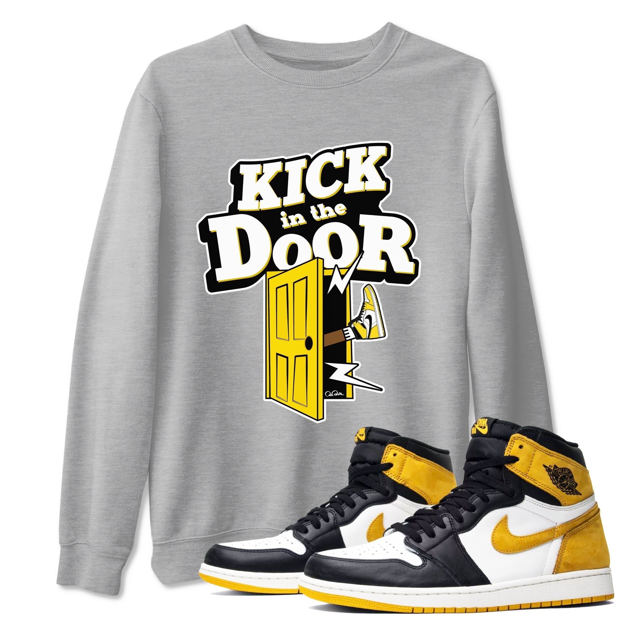 1s Yellow Ochre shirt to match jordans Kick In The Door sneaker tees streetwear brand Air Jordan 1 Yellow Ochre Drip Gear Zone Brand unisex cotton Heather Grey 1 crew neck shirt