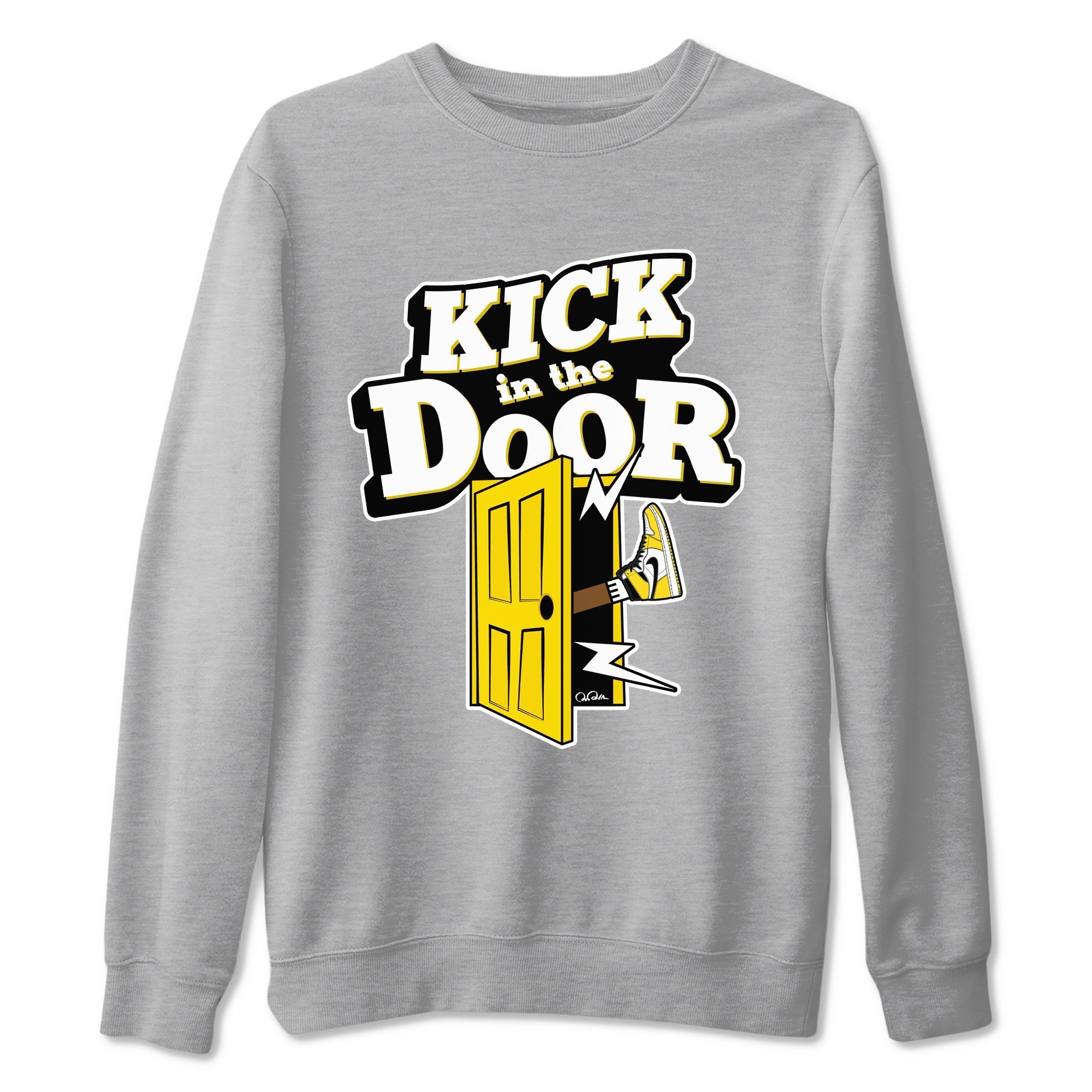 1s Yellow Ochre shirt to match jordans Kick In The Door sneaker tees streetwear brand Air Jordan 1 Yellow Ochre Drip Gear Zone Brand unisex cotton Heather Grey 2 crew neck shirt