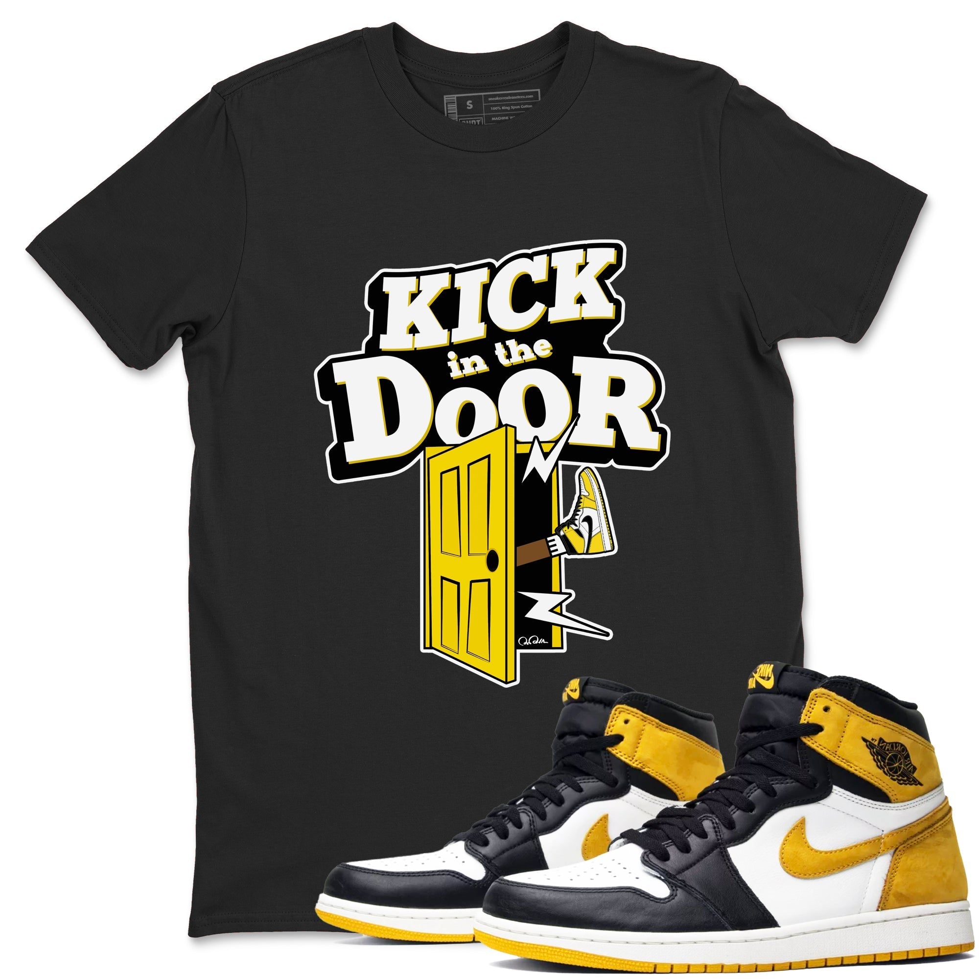 1s Yellow Ochre shirt to match jordans Kick In The Door sneaker tees streetwear brand Air Jordan 1 Yellow Ochre Drip Gear Zone Brand unisex cotton Black 1 crew neck shirt