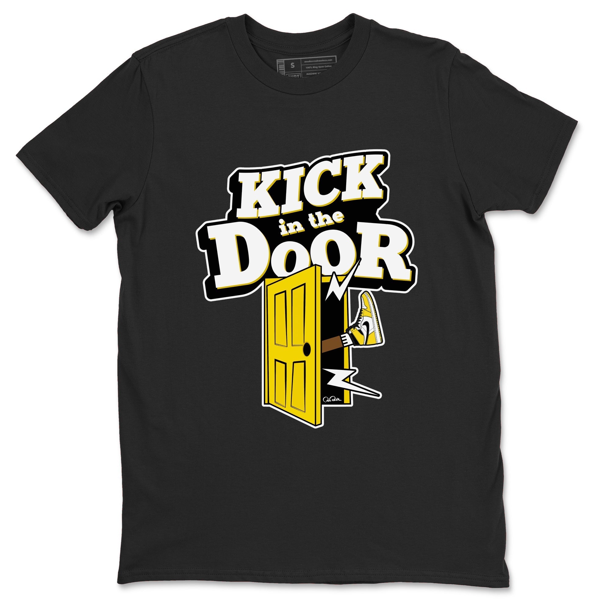 1s Yellow Ochre shirt to match jordans Kick In The Door sneaker tees streetwear brand Air Jordan 1 Yellow Ochre Drip Gear Zone Brand unisex cotton Black 2 crew neck shirt
