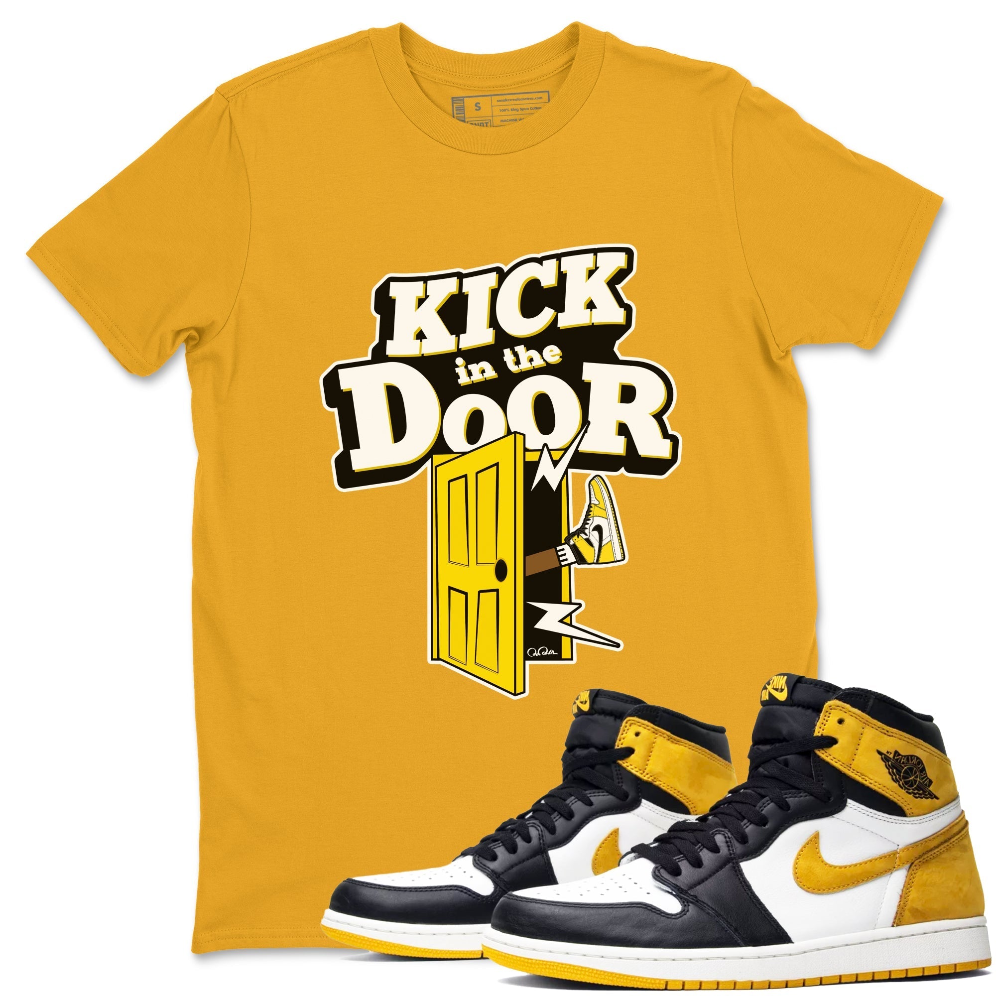 1s Yellow Ochre shirt to match jordans Kick In The Door sneaker tees streetwear brand Air Jordan 1 Yellow Ochre Drip Gear Zone Brand unisex cotton Gold 1 crew neck shirt