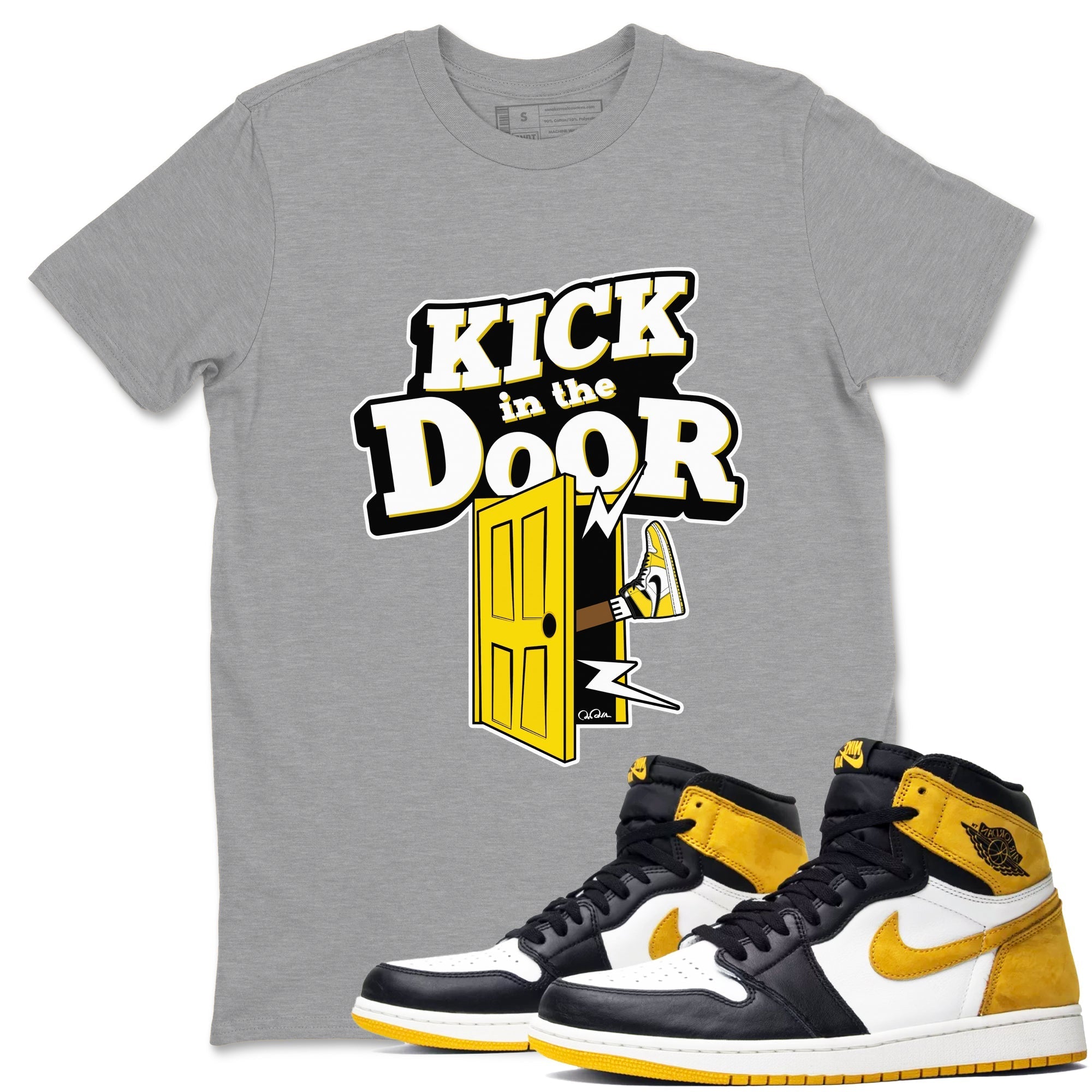 1s Yellow Ochre shirt to match jordans Kick In The Door sneaker tees streetwear brand Air Jordan 1 Yellow Ochre Drip Gear Zone Brand unisex cotton Heather Grey 1 crew neck shirt