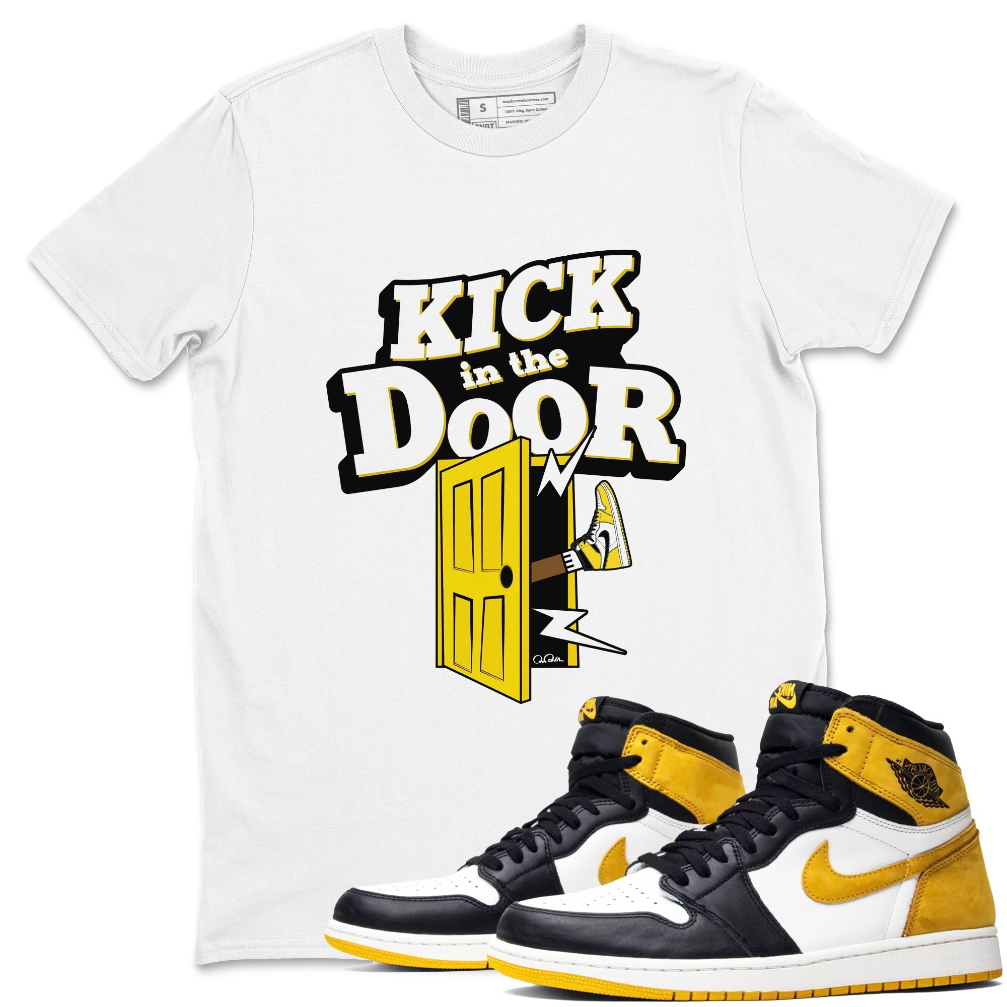 1s Yellow Ochre shirt to match jordans Kick In The Door sneaker tees streetwear brand Air Jordan 1 Yellow Ochre Drip Gear Zone Brand unisex cotton White 1 crew neck shirt