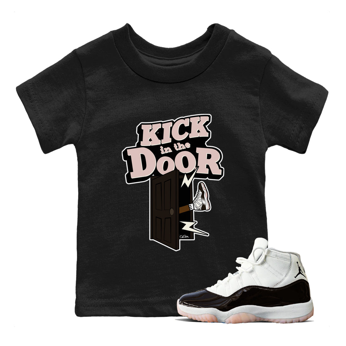 Air Jordan 11 Neapolitan shirt to match jordans Kick In The Door sneaker matching t-shirts and clothing AJ11 Neapolitan Drip Gear Zone Youth Kids Toddler Black 1 T-Shirt