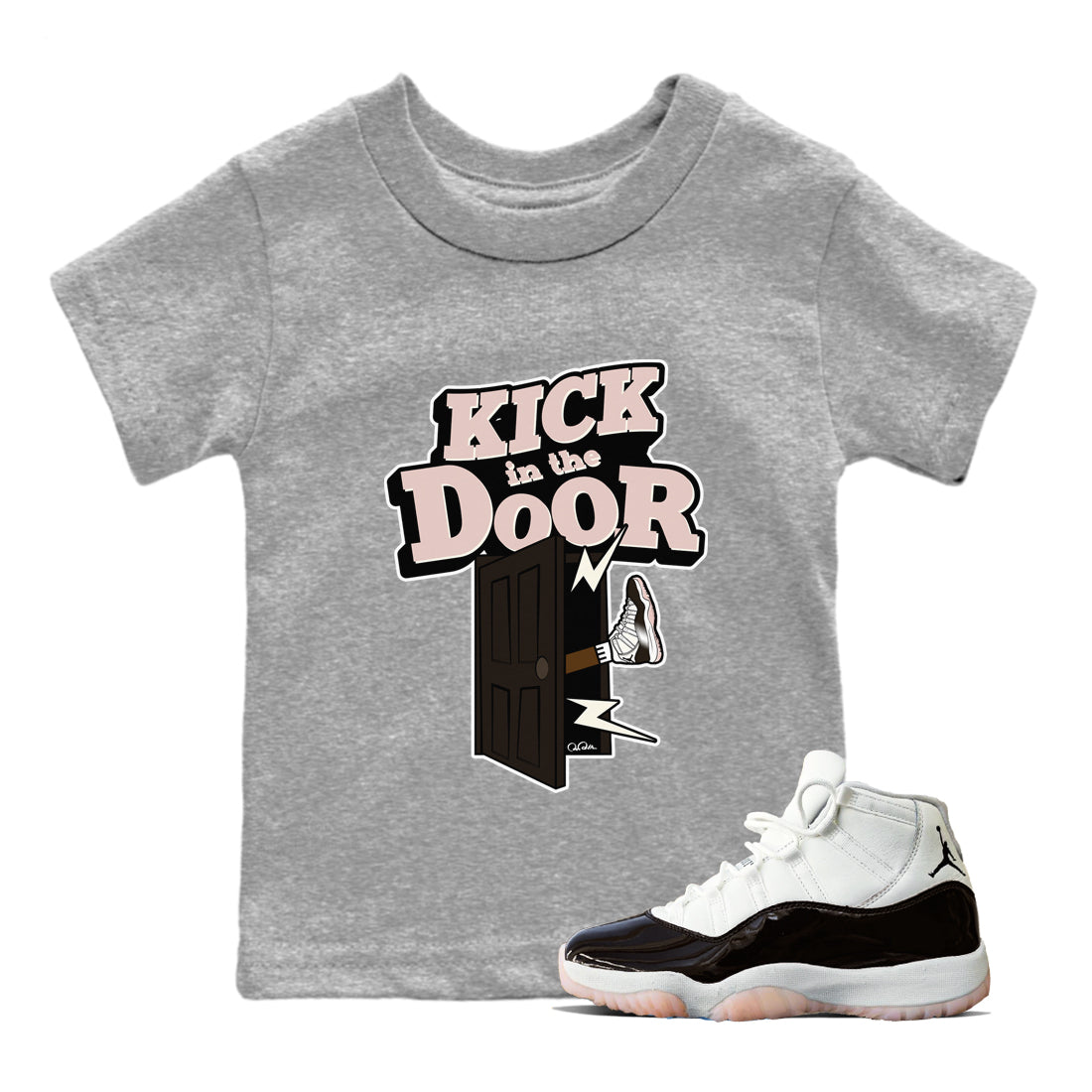 Air Jordan 11 Neapolitan shirt to match jordans Kick In The Door sneaker matching t-shirts and clothing AJ11 Neapolitan Drip Gear Zone Youth Kids Toddler Heather Grey 1 T-Shirt