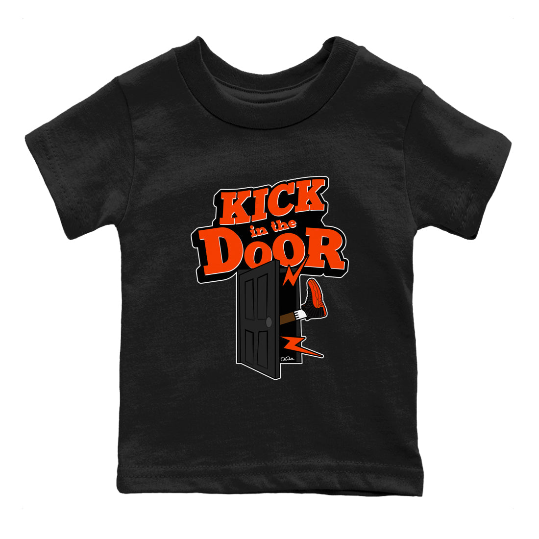 Air Jordan 12 Brilliant Orange Sneaker Match Tees Kick In The Door Streetwear Sneaker Shirt AJ12 Brilliant Orange Sneaker Release Tees Kids Shirts Black 2