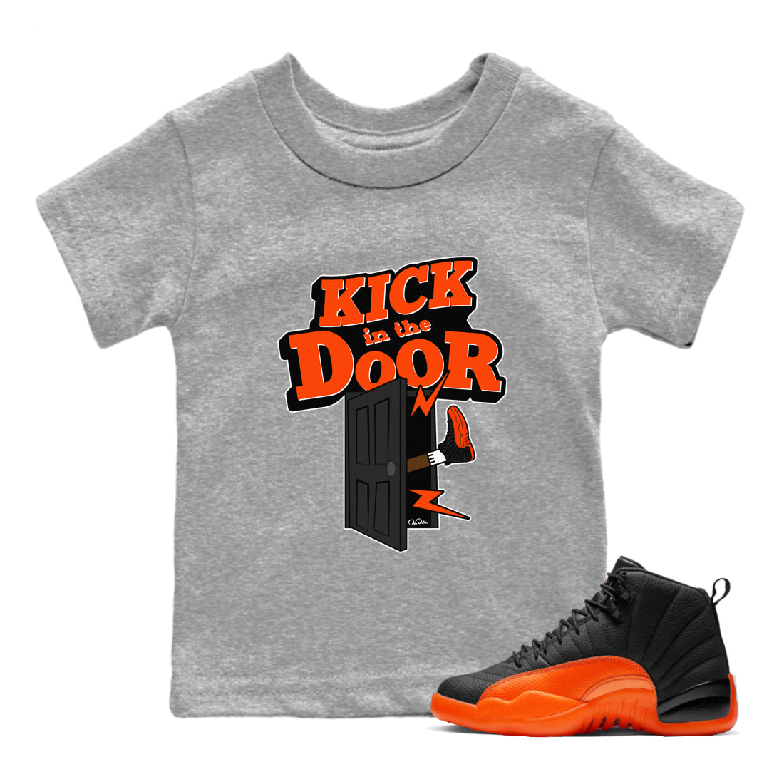 Air Jordan 12 Brilliant Orange Sneaker Match Tees Kick In The Door Streetwear Sneaker Shirt AJ12 Brilliant Orange Sneaker Release Tees Kids Shirts Heather Grey 1