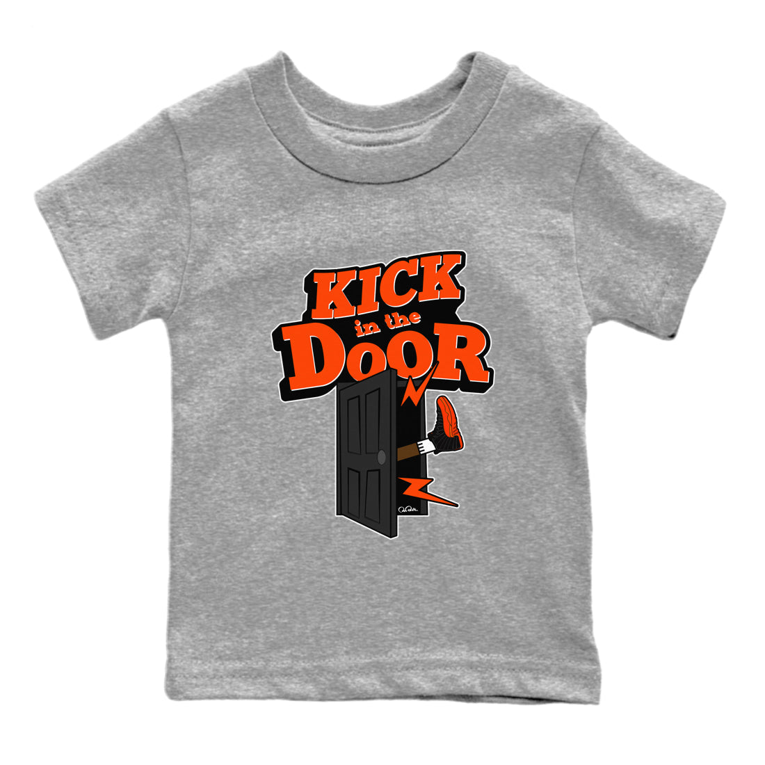 Air Jordan 12 Brilliant Orange Sneaker Match Tees Kick In The Door Streetwear Sneaker Shirt AJ12 Brilliant Orange Sneaker Release Tees Kids Shirts Heather Grey 2