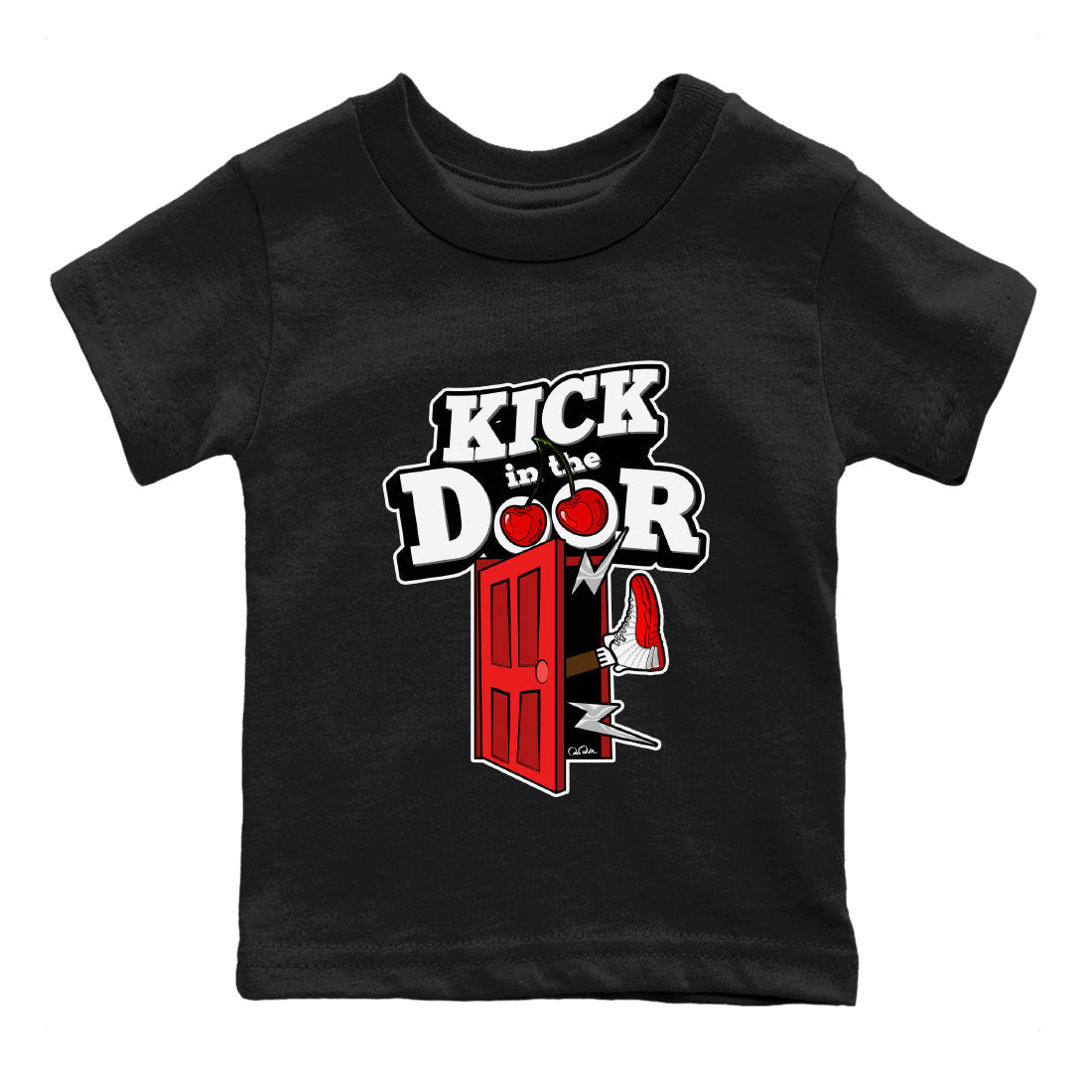 Air Jordan 12 Cherry Sneaker Match Tees Kick In The Door Streetwear Sneaker Shirt AJ12 Cherry Sneaker Release Tees Kids Shirts Black 2