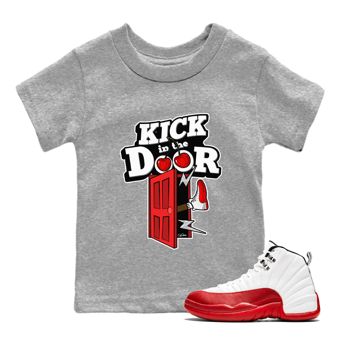 Air Jordan 12 Cherry Sneaker Match Tees Kick In The Door Streetwear Sneaker Shirt AJ12 Cherry Sneaker Release Tees Kids Shirts Heather Grey 1