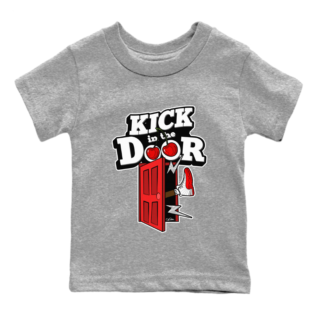 Air Jordan 12 Cherry Sneaker Match Tees Kick In The Door Streetwear Sneaker Shirt AJ12 Cherry Sneaker Release Tees Kids Shirts Heather Grey 2
