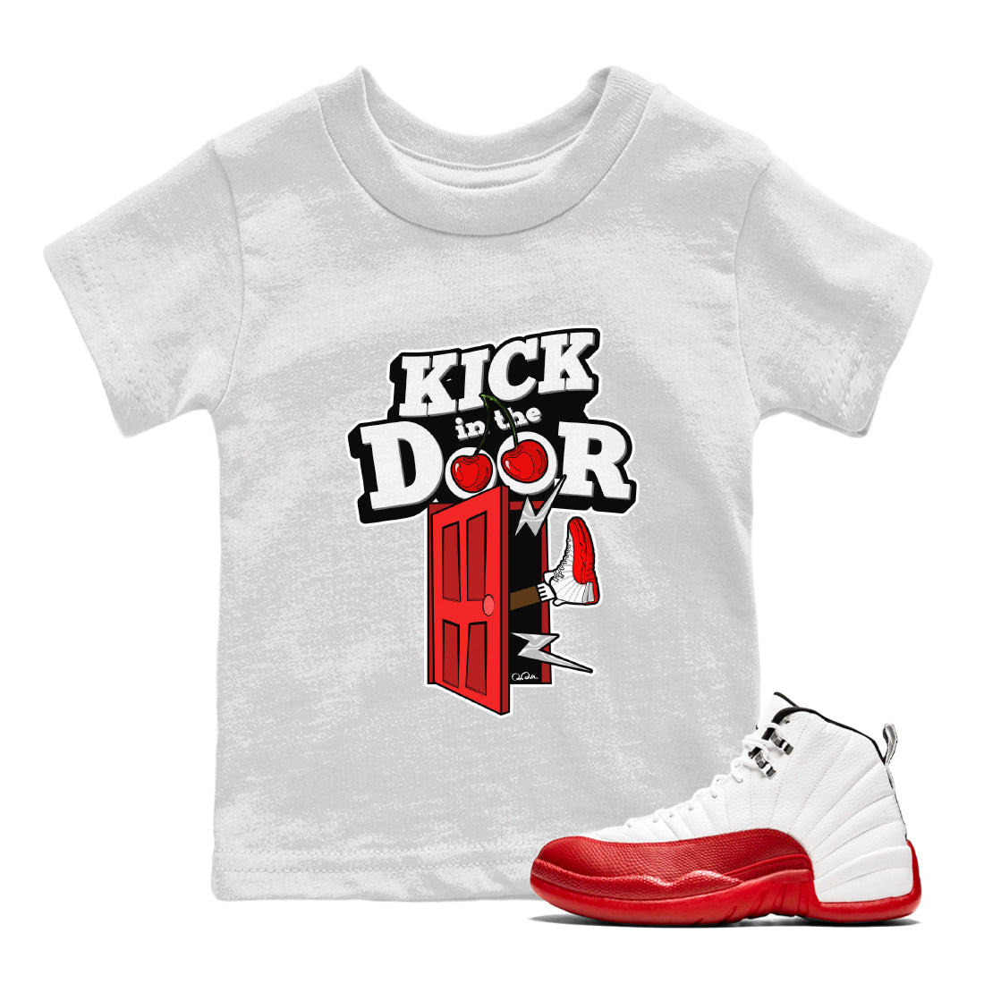 Air Jordan 12 Cherry Sneaker Match Tees Kick In The Door Streetwear Sneaker Shirt AJ12 Cherry Sneaker Release Tees Kids Shirts White 1