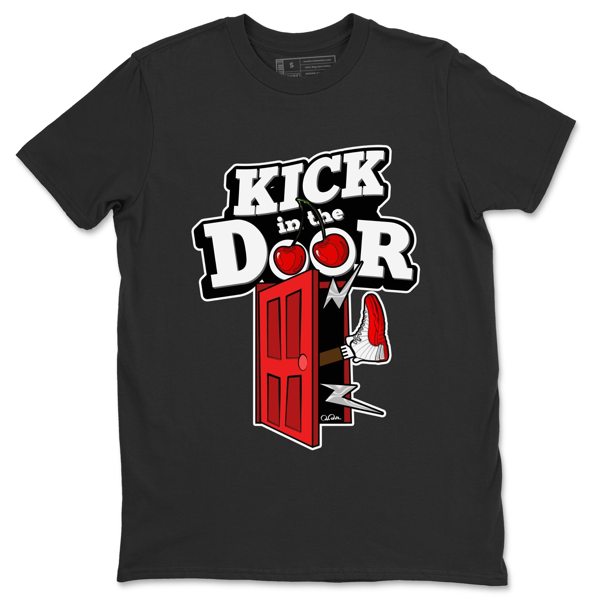 Air Jordan 12 Cherry Sneaker Match Tees Kick In The Door Streetwear Sneaker Shirt AJ12 Cherry Sneaker Release Tees Unisex Shirts Black 2