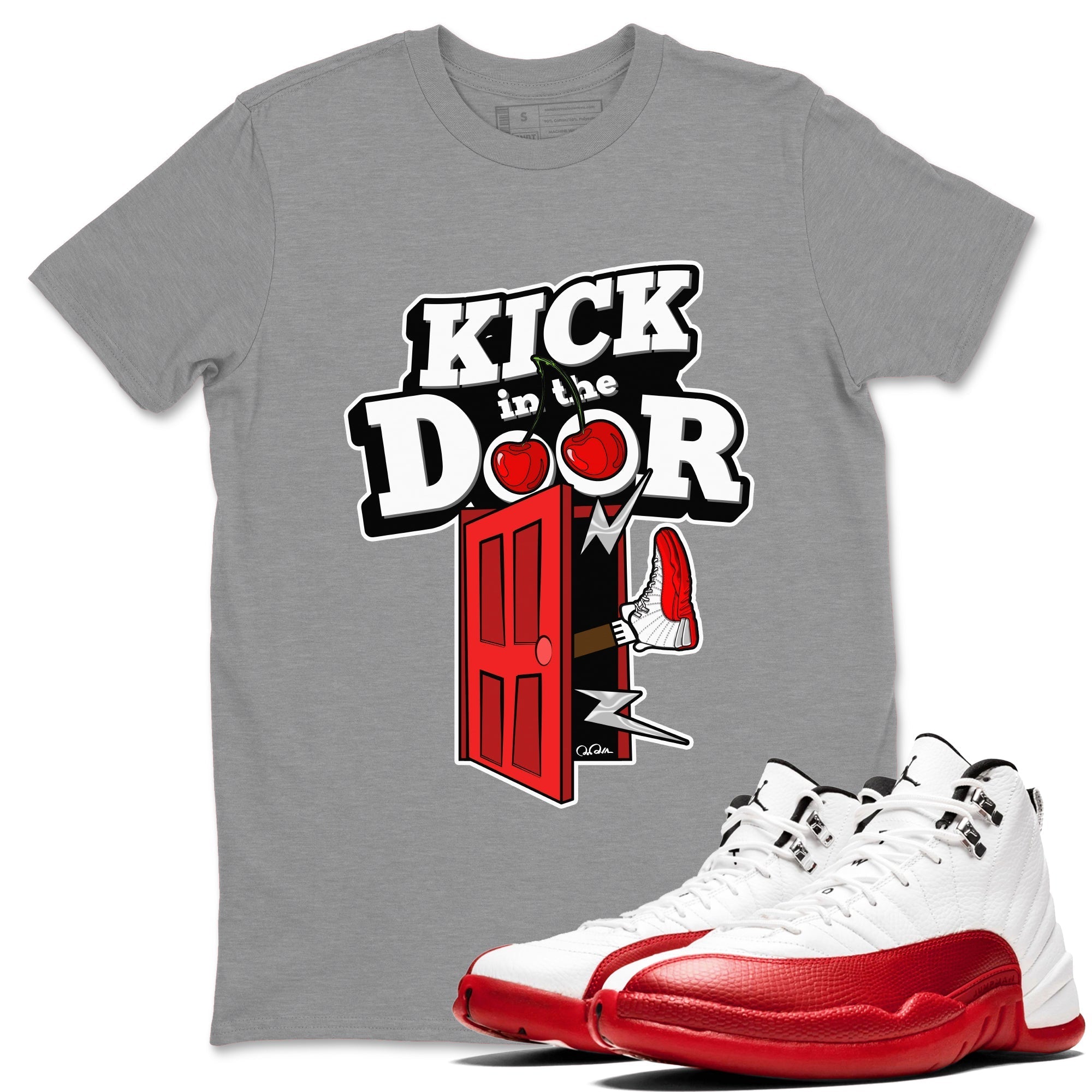 Air Jordan 12 Cherry Sneaker Match Tees Kick In The Door Streetwear Sneaker Shirt AJ12 Cherry Sneaker Release Tees Unisex Shirts Heather Grey 1