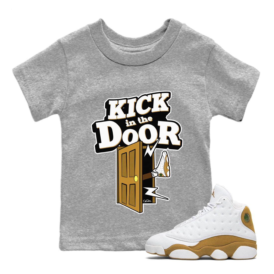 Air Jordan 13 Wheat Sneaker Match Tees Kick In The Door Streetwear Sneaker Shirt AJ13 Wheat Sneaker Release Tees Kids Shirts Heather Grey 1
