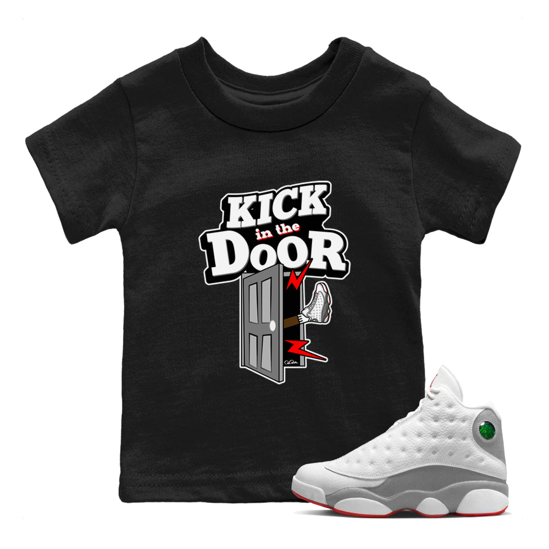 Air Jordan 13 Wolf Grey Sneaker Match Tees Kick In The Door Streetwear Sneaker Shirt AJ13 Wolf Grey Sneaker Release Tees Kids Shirts Black 1