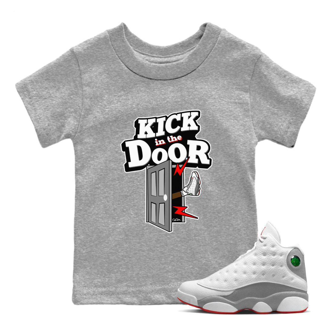 Air Jordan 13 Wolf Grey Sneaker Match Tees Kick In The Door Streetwear Sneaker Shirt AJ13 Wolf Grey Sneaker Release Tees Kids Shirts Heather Grey 1