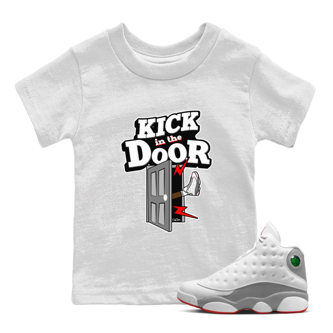 Air Jordan 13 Wolf Grey Sneaker Match Tees Kick In The Door Streetwear Sneaker Shirt AJ13 Wolf Grey Sneaker Release Tees Kids Shirts White 1