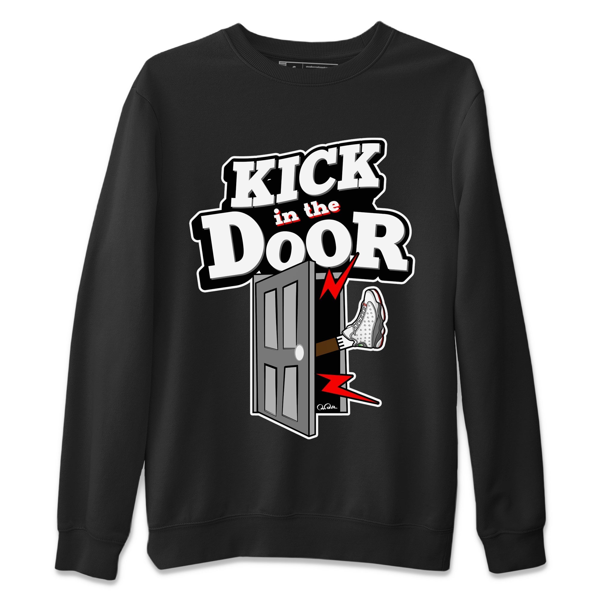 Air Jordan 13 Wolf Grey Sneaker Match Tees Kick In The Door Streetwear Sneaker Shirt AJ13 Wolf Grey Sneaker Release Tees Unisex Shirts Black 2