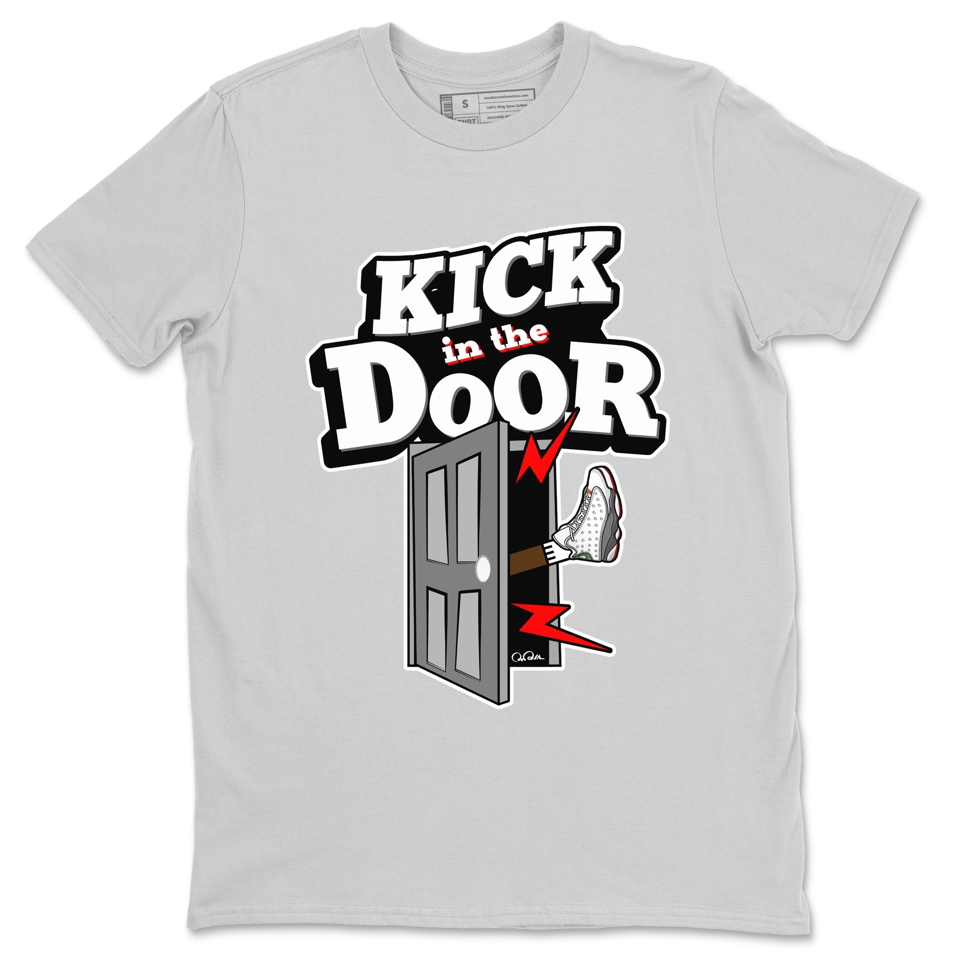 Air Jordan 13 Wolf Grey Sneaker Match Tees Kick In The Door Streetwear Sneaker Shirt AJ13 Wolf Grey Sneaker Release Tees Unisex Shirts Silver 2