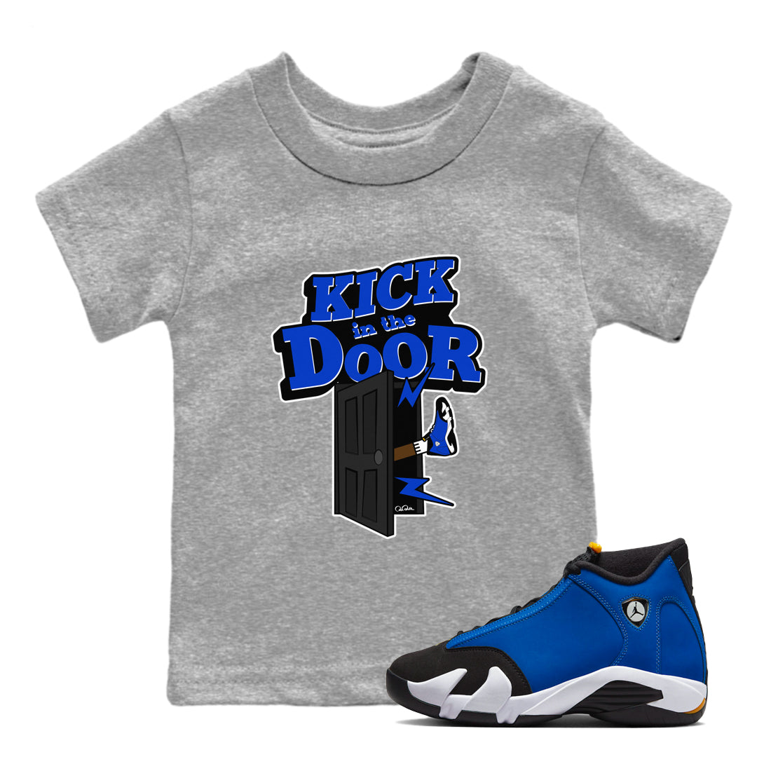 Air Jordan 14 Laney Sneaker Match Tees Kick In The Door Streetwear Sneaker Shirt AJ14 Laney Sneaker Release Tees Kids Shirts Heather Grey 1