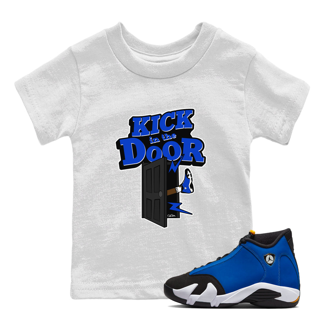 Air Jordan 14 Laney Sneaker Match Tees Kick In The Door Streetwear Sneaker Shirt AJ14 Laney Sneaker Release Tees Kids Shirts White 1