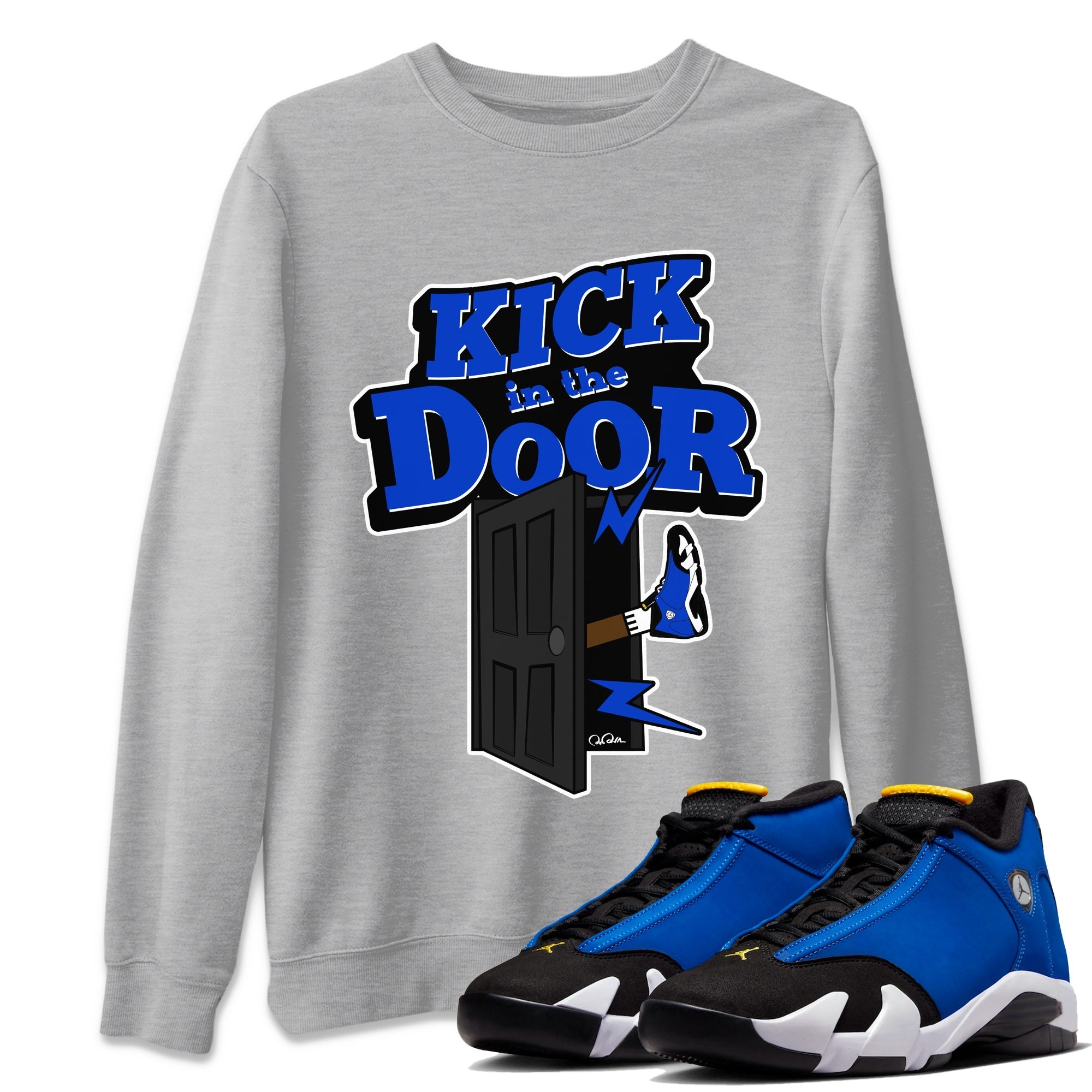 Air Jordan 14 Laney Sneaker Match Tees Kick In The Door Streetwear Sneaker Shirt AJ14 Laney Sneaker Release Tees Unisex Shirts Heather Grey 1