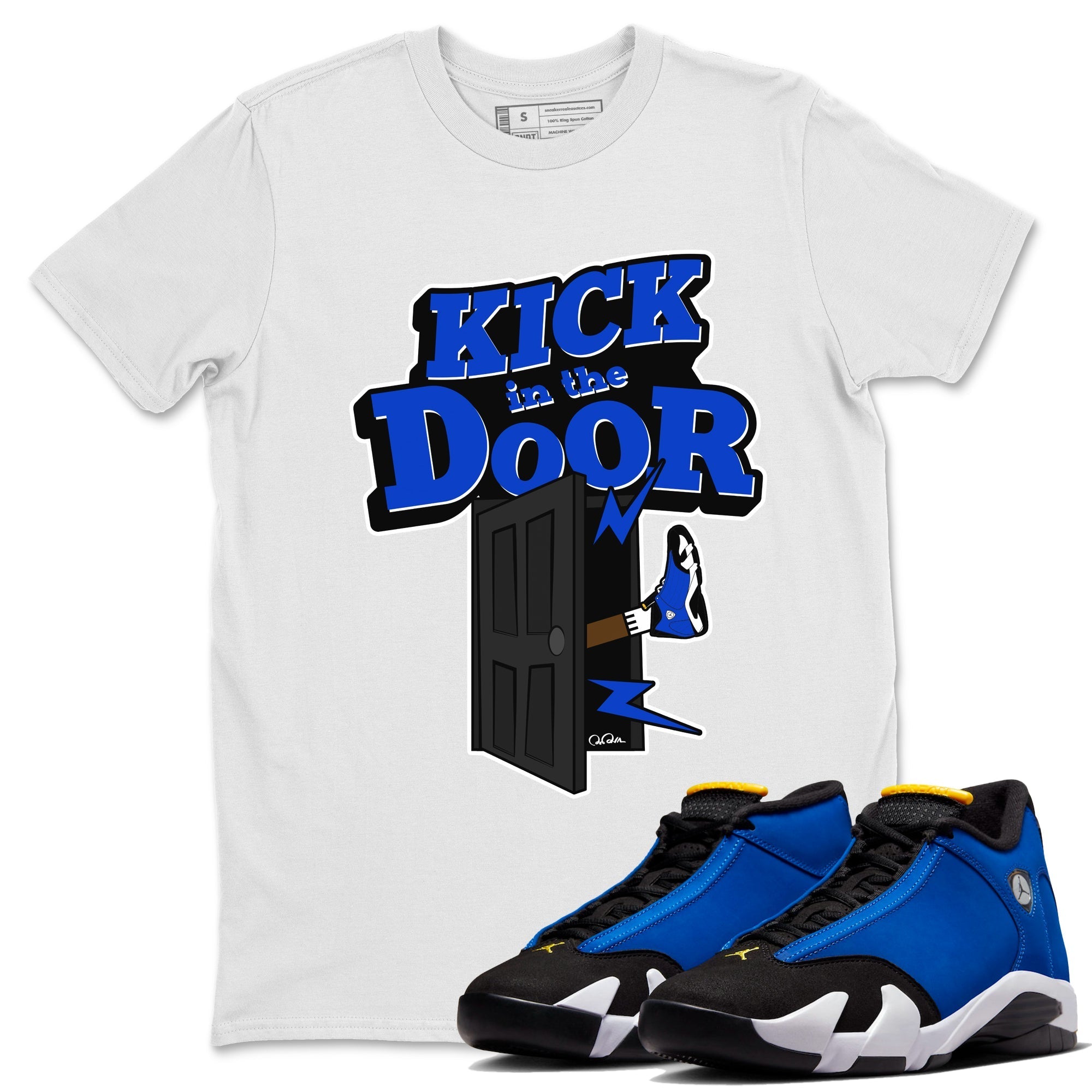 Air Jordan 14 Laney Sneaker Match Tees Kick In The Door Streetwear Sneaker Shirt AJ14 Laney Sneaker Release Tees Unisex Shirts White 1