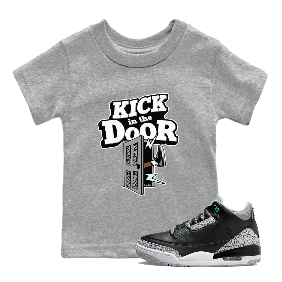 3s Green Glow shirt to match jordans Kick In The Door sneaker tees Air Jordan 3 Green Glow Drip Gear Zone baby toddler Heather Grey 1 cotton Shirt