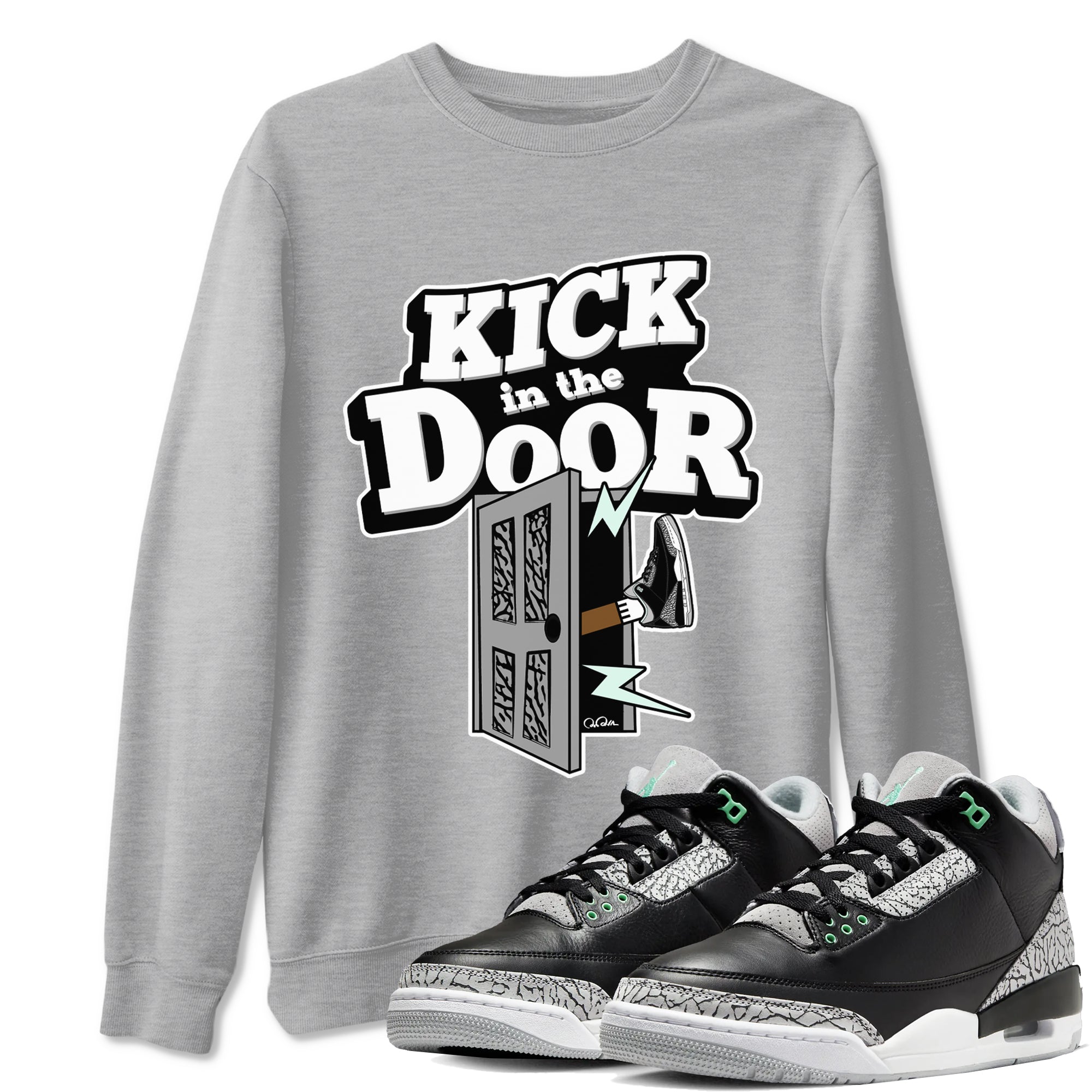 3s Green Glow shirt to match jordans Kick In The Door sneaker tees Air Jordan 3 Green Glow Drip Gear Zone unisex cotton Heather Grey 1 crew neck shirt