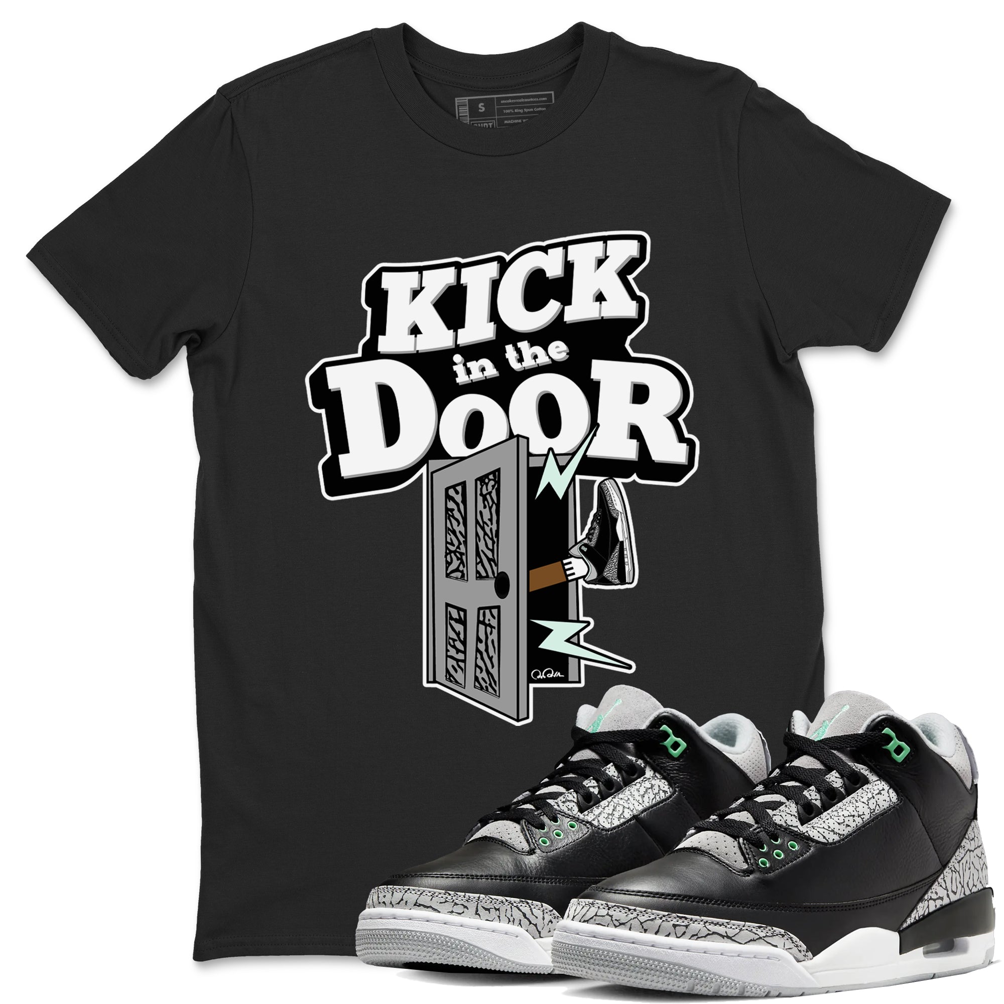 3s Green Glow shirt to match jordans Kick In The Door sneaker tees Air Jordan 3 Green Glow Drip Gear Zone unisex cotton Black 1 crew neck shirt