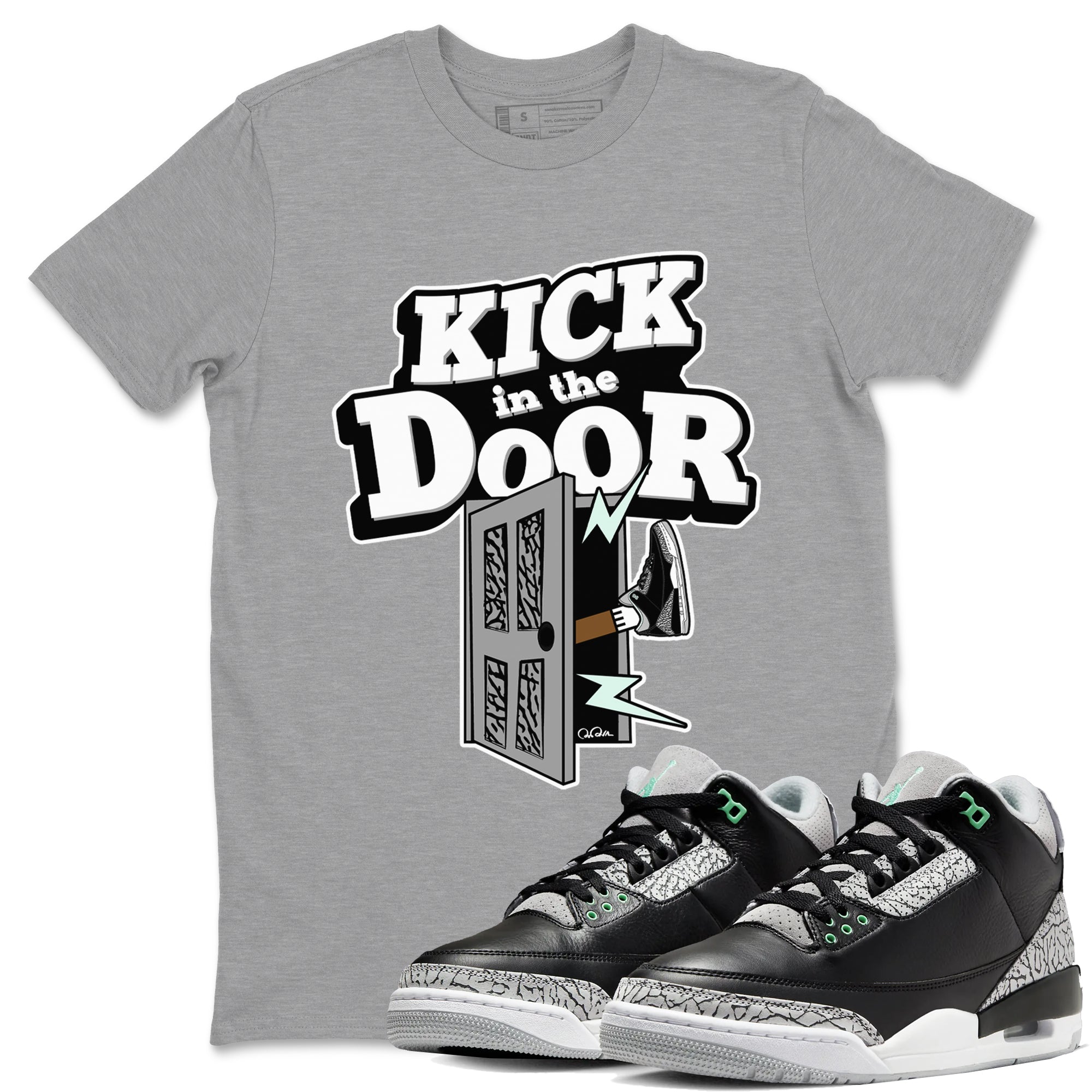 3s Green Glow shirt to match jordans Kick In The Door sneaker tees Air Jordan 3 Green Glow Drip Gear Zone unisex cotton Heather Grey 1 crew neck shirt