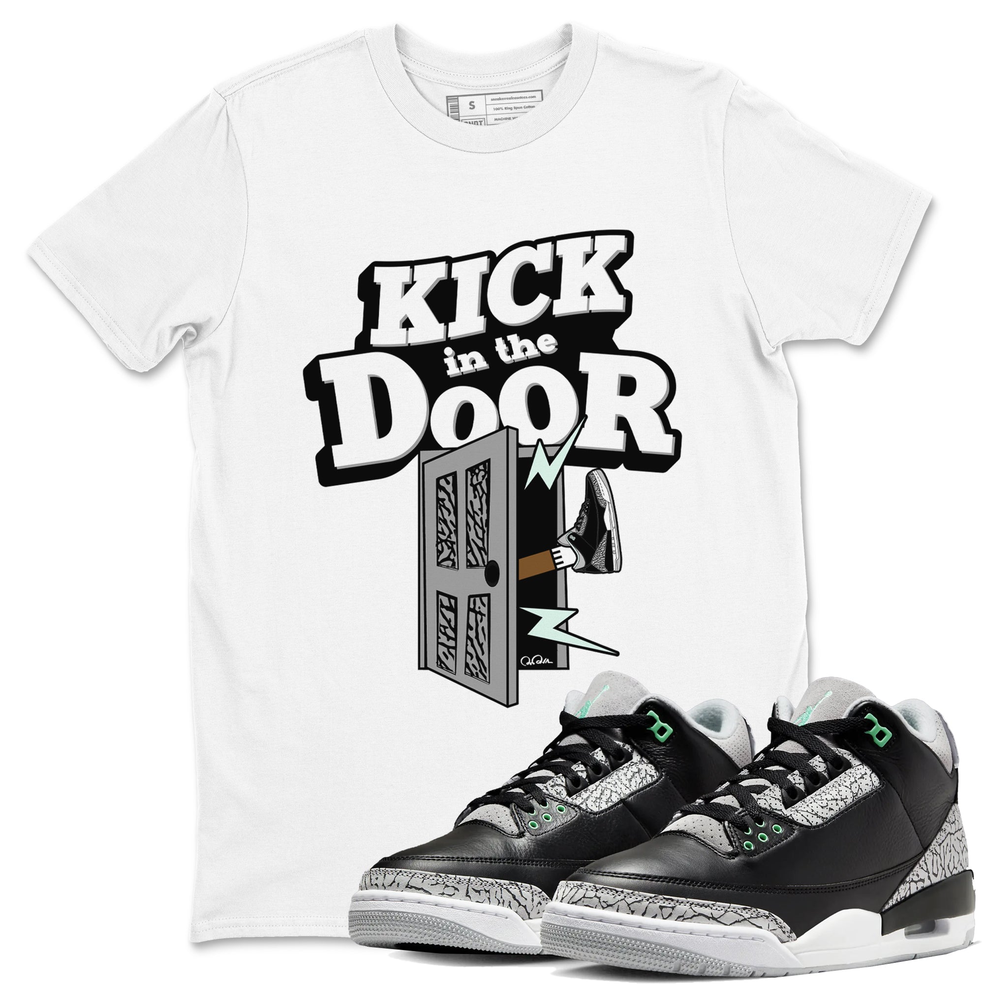 3s Green Glow shirt to match jordans Kick In The Door sneaker tees Air Jordan 3 Green Glow Drip Gear Zone unisex cotton White 1 crew neck shirt