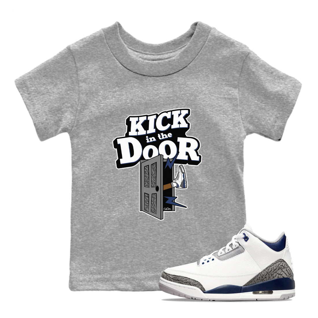 3s Midnight Navy shirt to match jordans Kick In The Door sneaker match t-shirt AJ3 Midnight Navy Drip Gear Zone baby toddler Heather Grey 1 Crew Neck T-Shirt