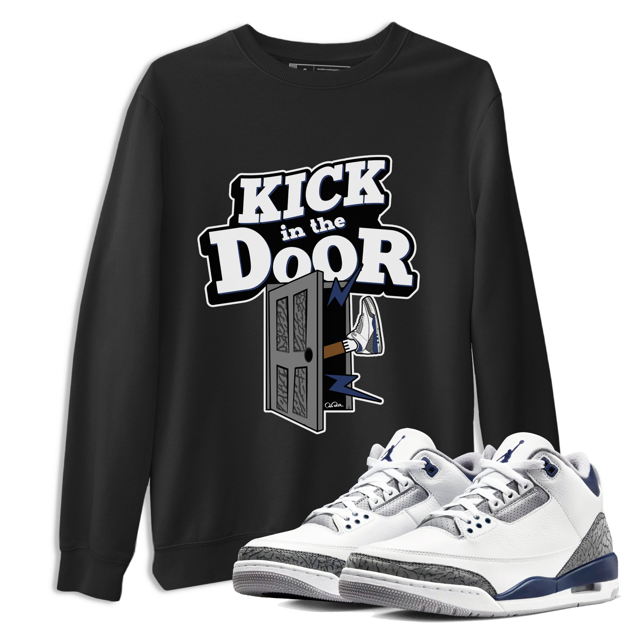 3s Midnight Navy shirt to match jordans Kick In The Door sneaker match t-shirt AJ3 Midnight Navy Drip Gear Zone unisex cotton Black 1 Crew Neck T-Shirt