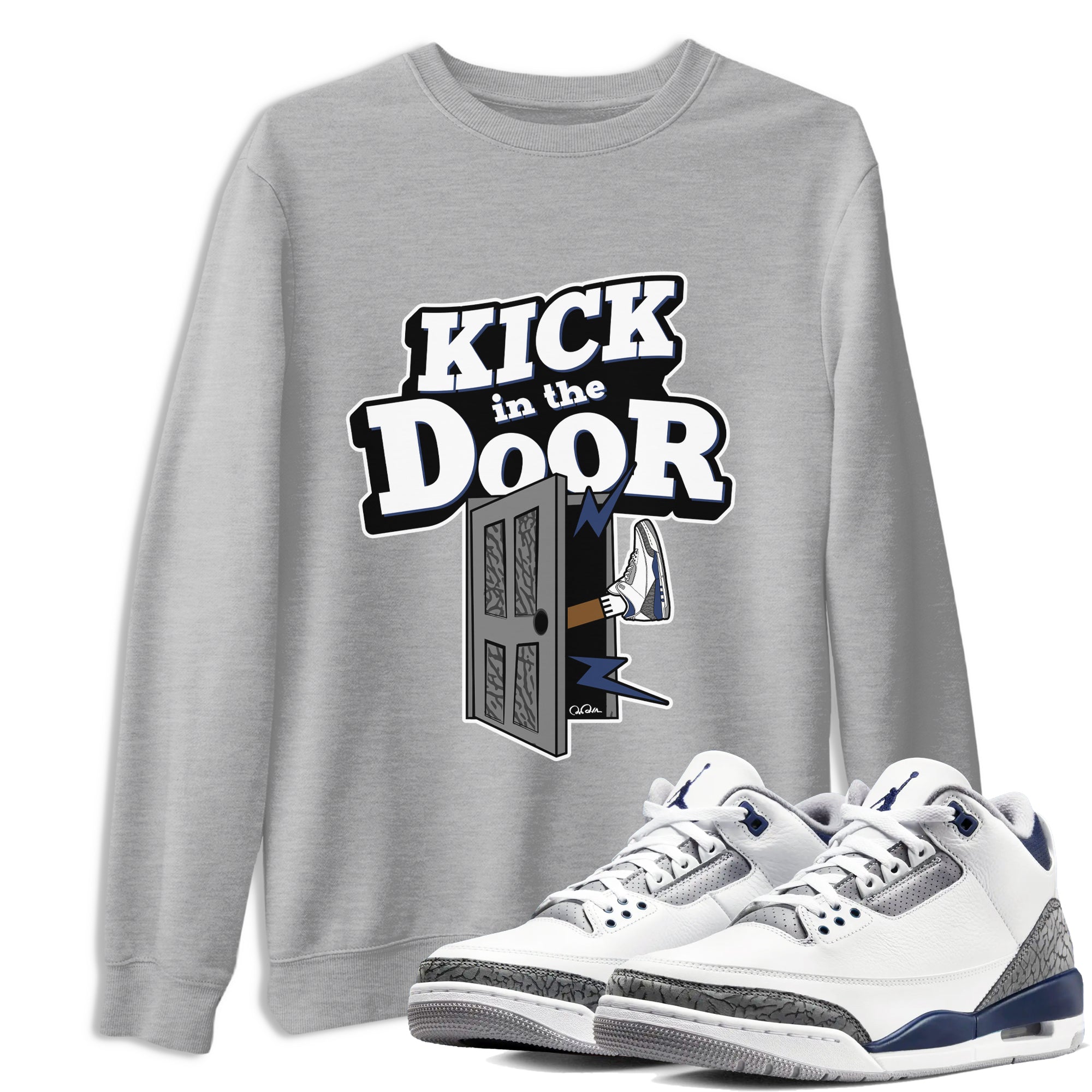 3s Midnight Navy shirt to match jordans Kick In The Door sneaker match t-shirt AJ3 Midnight Navy Drip Gear Zone unisex cotton Heather Grey 1 Crew Neck T-Shirt
