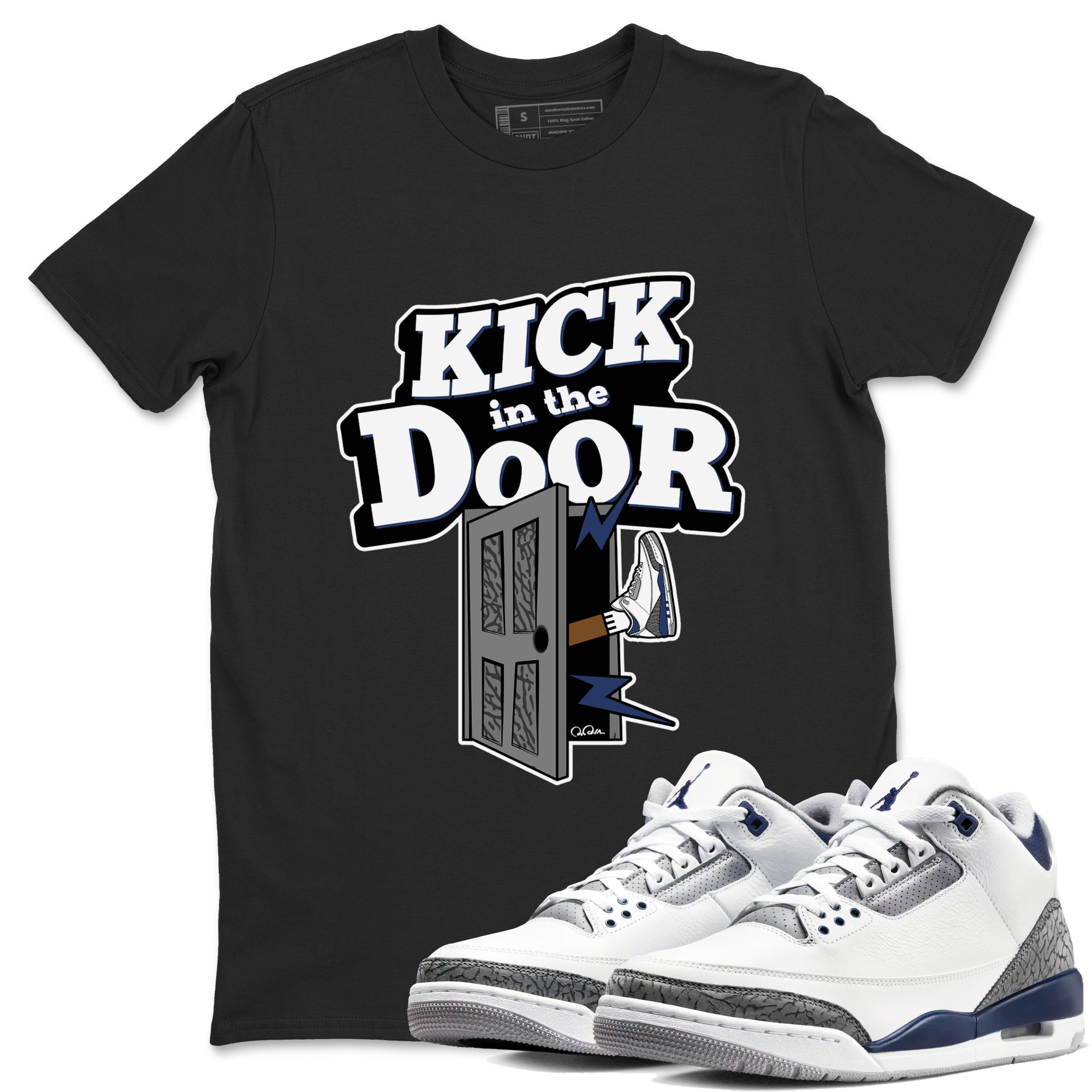 3s Midnight Navy shirt to match jordans Kick In The Door sneaker match t-shirt AJ3 Midnight Navy Drip Gear Zone unisex cotton Black 1 Crew Neck T-Shirt