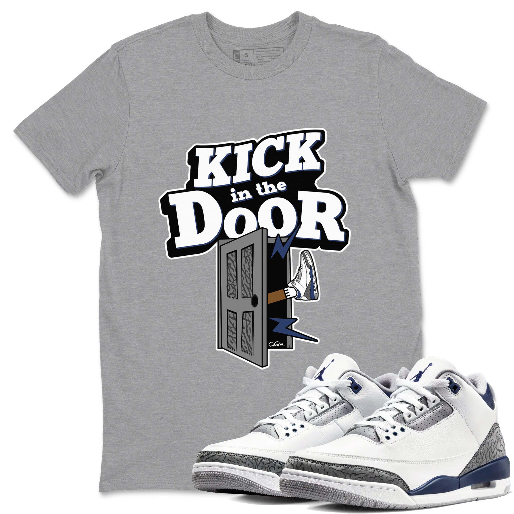 3s Midnight Navy shirt to match jordans Kick In The Door sneaker match t-shirt AJ3 Midnight Navy Drip Gear Zone unisex cotton Heather Grey 1 Crew Neck T-Shirt