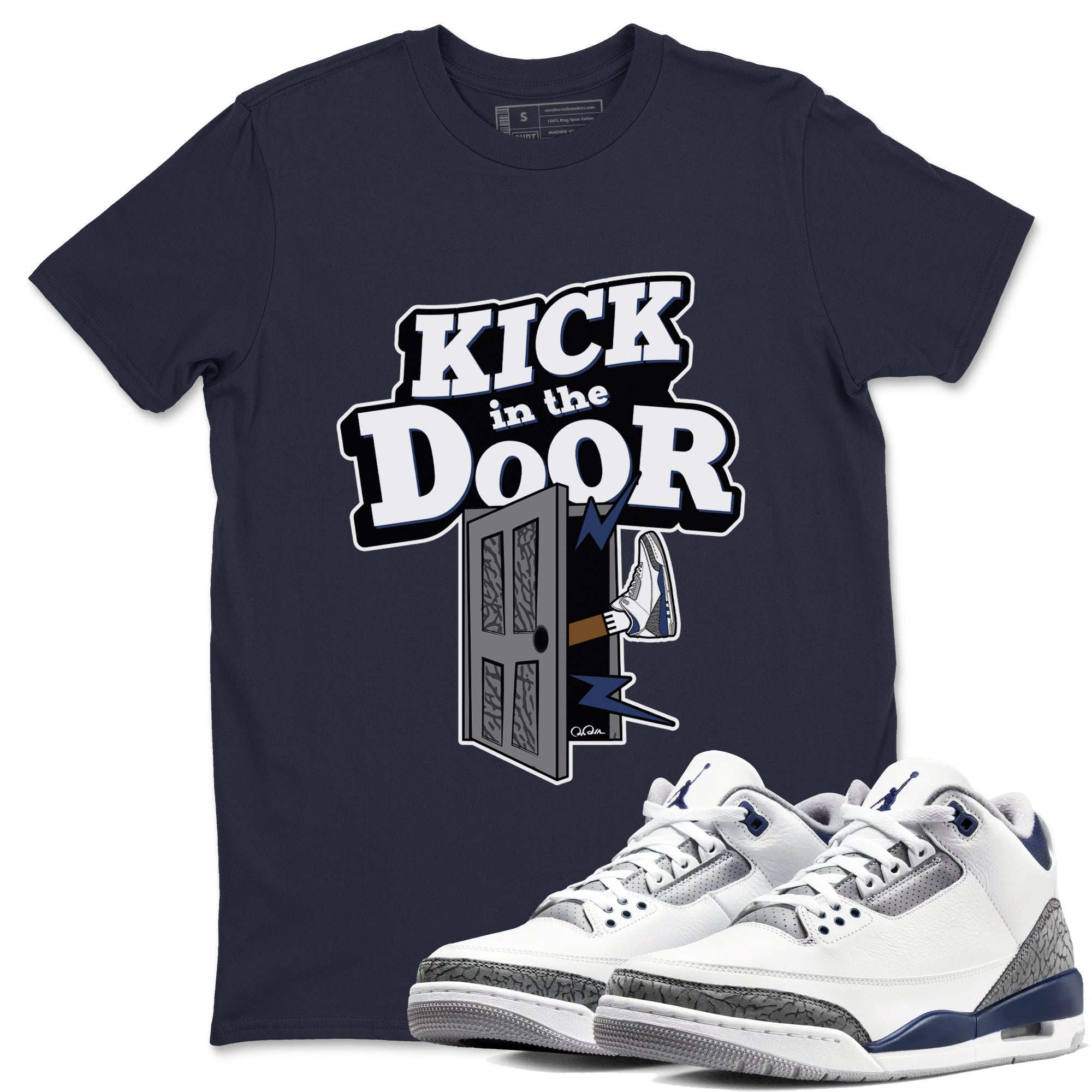3s Midnight Navy shirt to match jordans Kick In The Door sneaker match t-shirt AJ3 Midnight Navy Drip Gear Zone unisex cotton Navy 1 Crew Neck T-Shirt